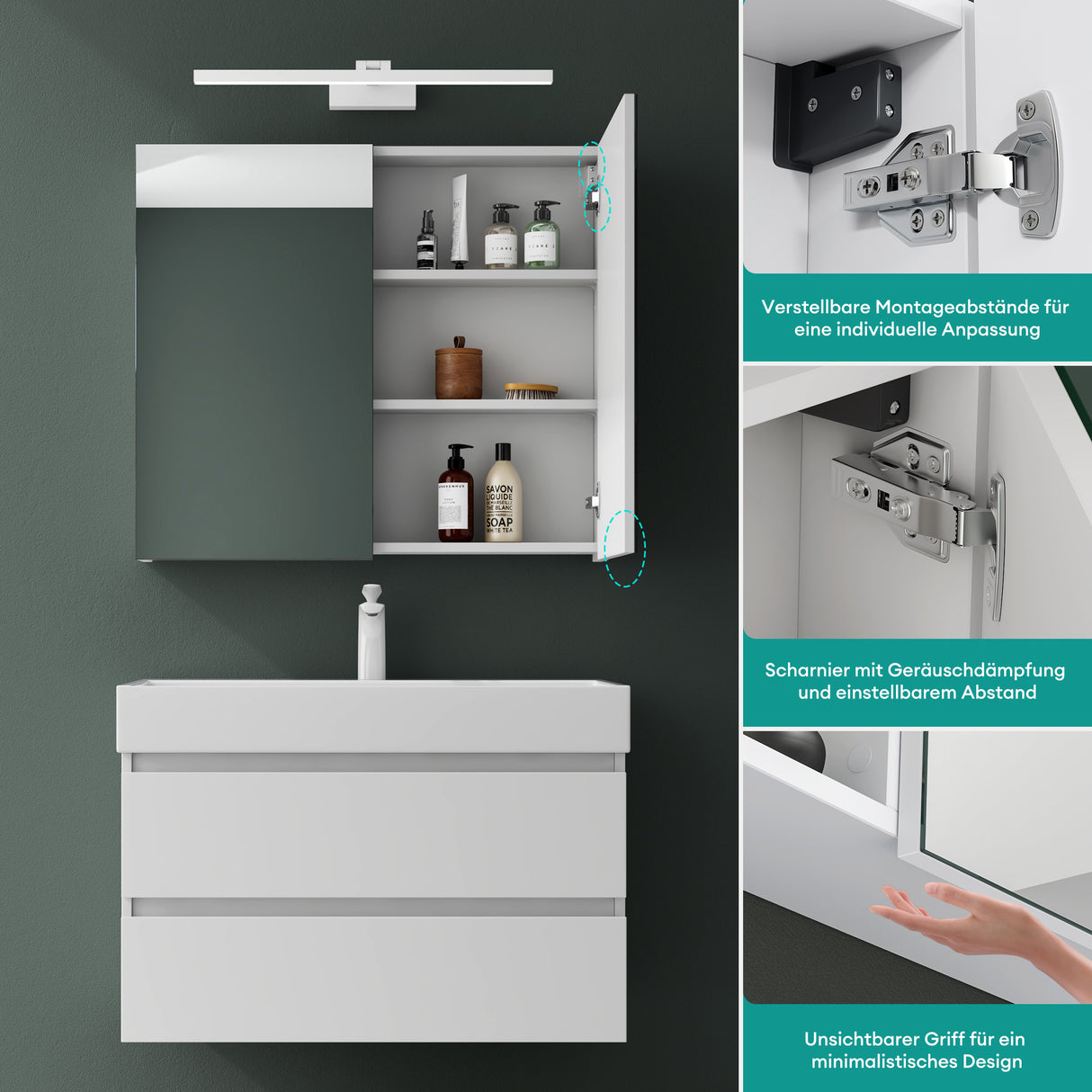 Armoire de toilette Glasvilla avec miroir et lampe intégrée, meuble de salle de bain, éclairage miroir, lampe de salle de bain LED rotative à 180°, d'une beauté rayonnante