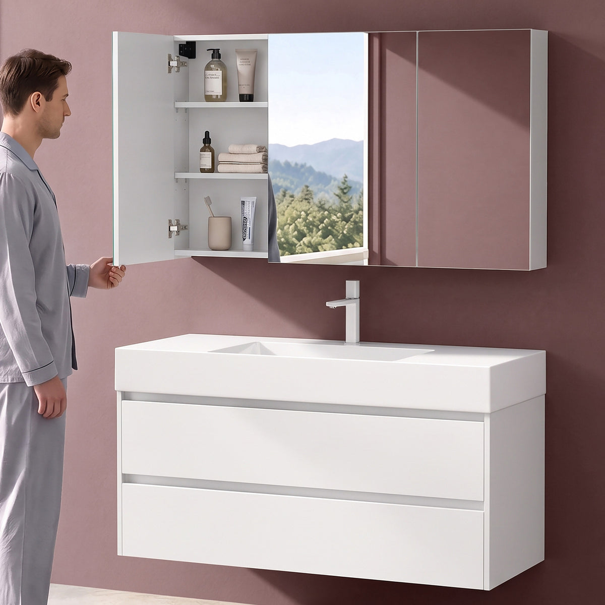 Glasvilla Armario Espejo de Baño con Puertas Sin Marco y Estantes Ajustables – Spiegelschrank 02