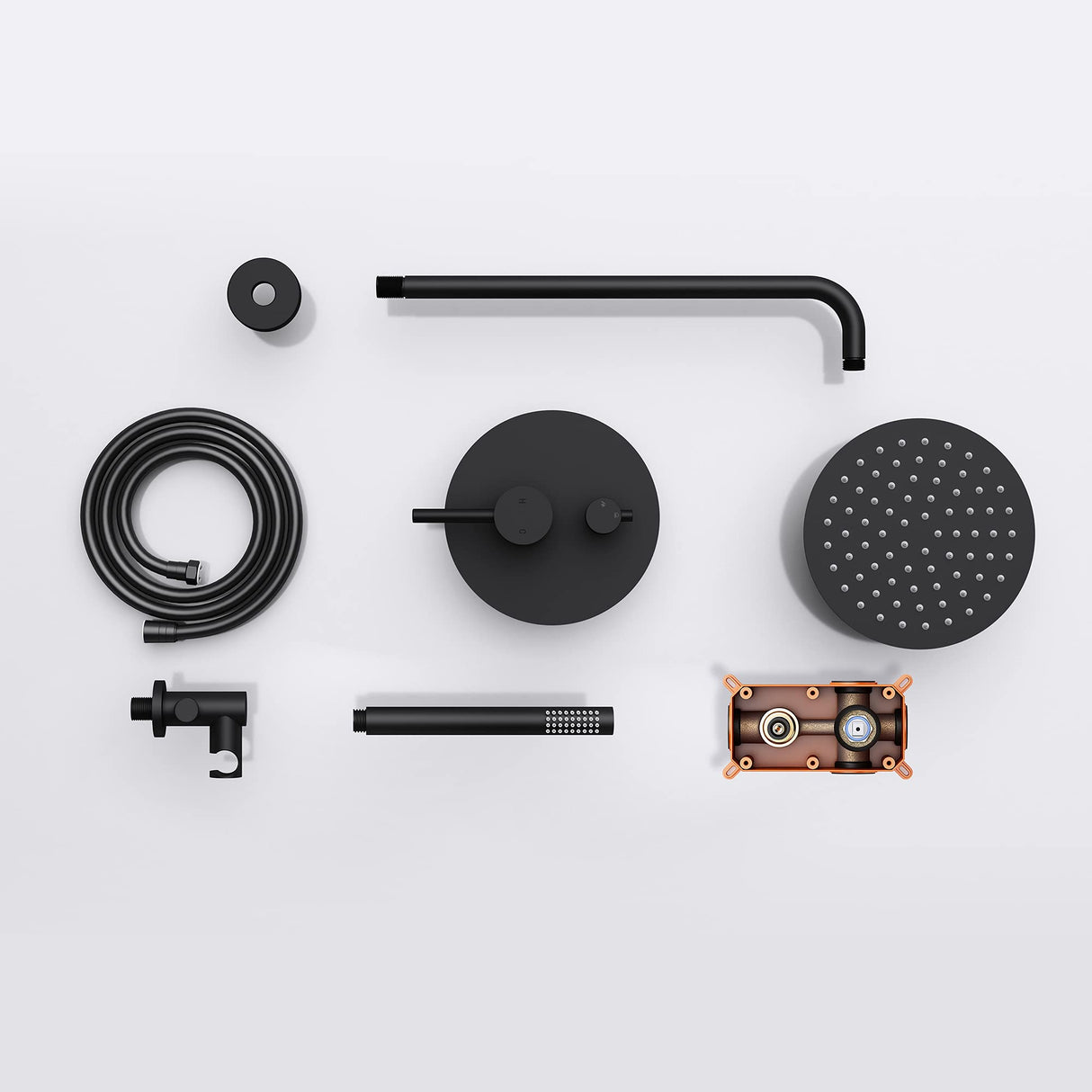 Système de douche bien-être à effet pluie Glasvilla, noir mat, avec pommeau de douche rond (Ø 19 cm), comprenant une douchette et un mitigeur monocommande au design intemporel.