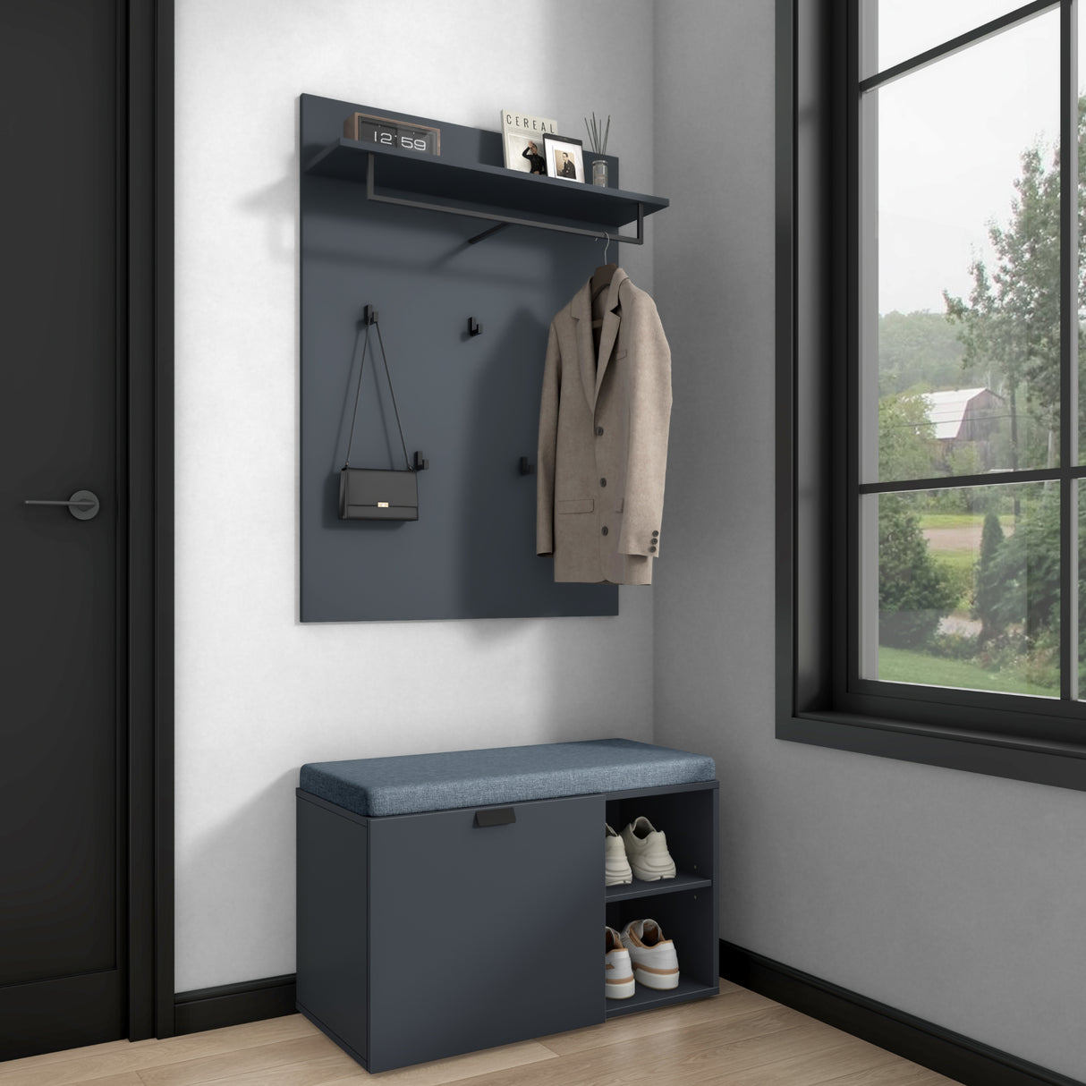 glasvilla Schuhbank mit Sitzfläche, Schuhregal mit Schiebetüren und offenen Fächern, gepolsterter Sitz, verstellbare Ablagen  80x37x50cm Zitta-01