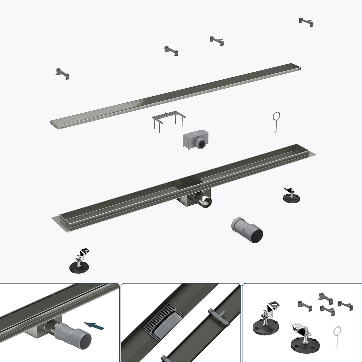 Bonde de douche Glasvilla en acier inoxydable | Kit de siphon complet pour salle de bain | Carrelable, débit de 35 l/min | Filtre à cheveux KE110