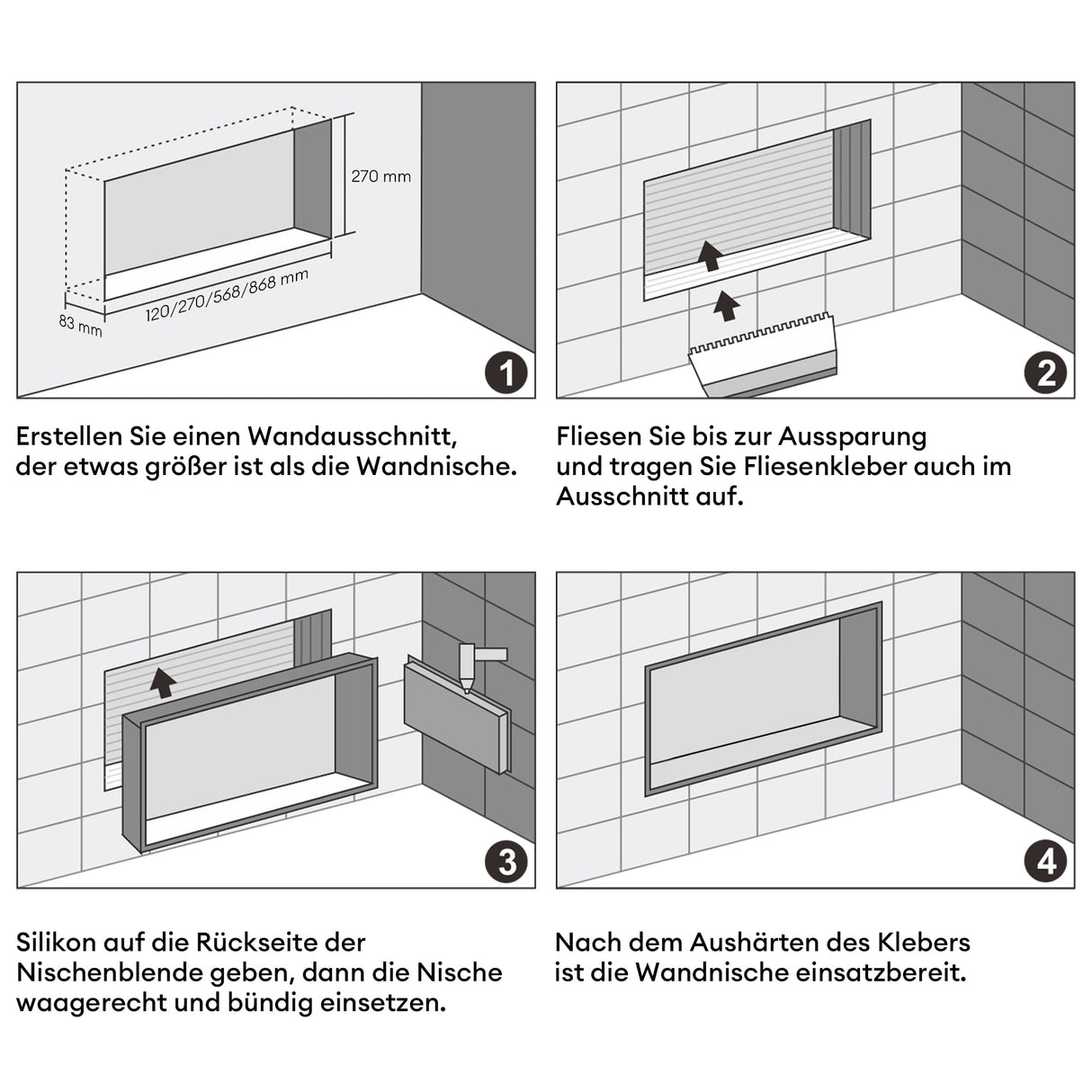 glasvilla Nicchia a Parete in Acciaio Inox Mensola Doccia a Muro a Incasso Piastrellabile Facile da Montare