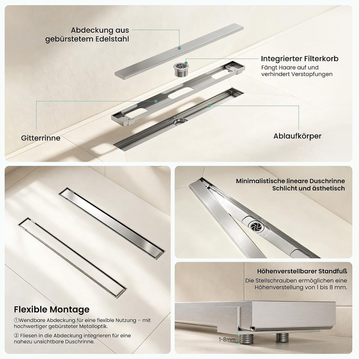 glasvilla  Duschwanne inkl. Duschrinne und Ablaufgarnitur Duschtasse bodeneben Gefälleplatte, Duschboard befliesbar Duschelemente, XPS-Duschboard02