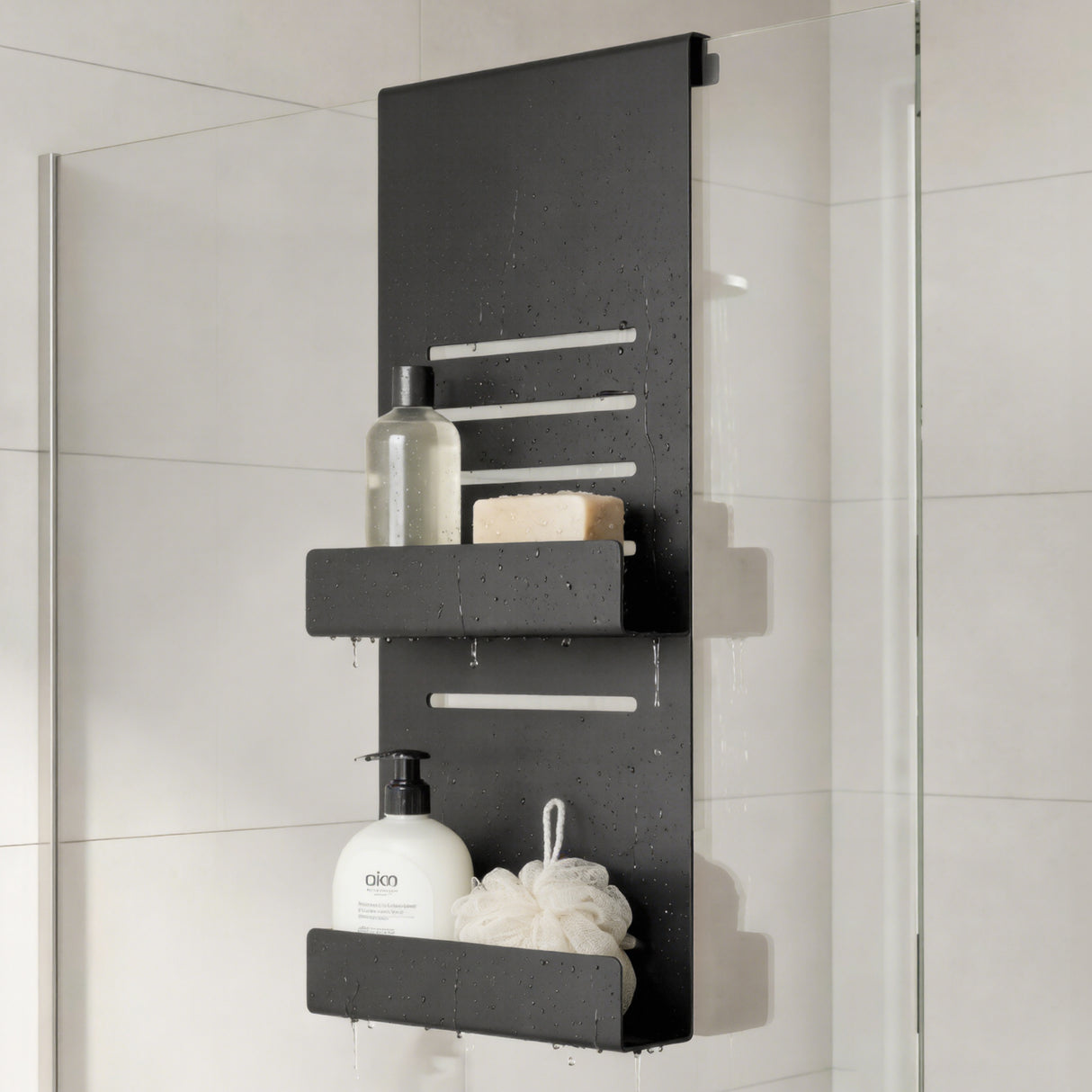 glasvilla Duschablage zum Hängen, Duschregal Ohne Bohren für Glasduschtüren, Hängeregal mit 2 Etagen und 3 Haken, Badezimmer Organizer  Oryne-01