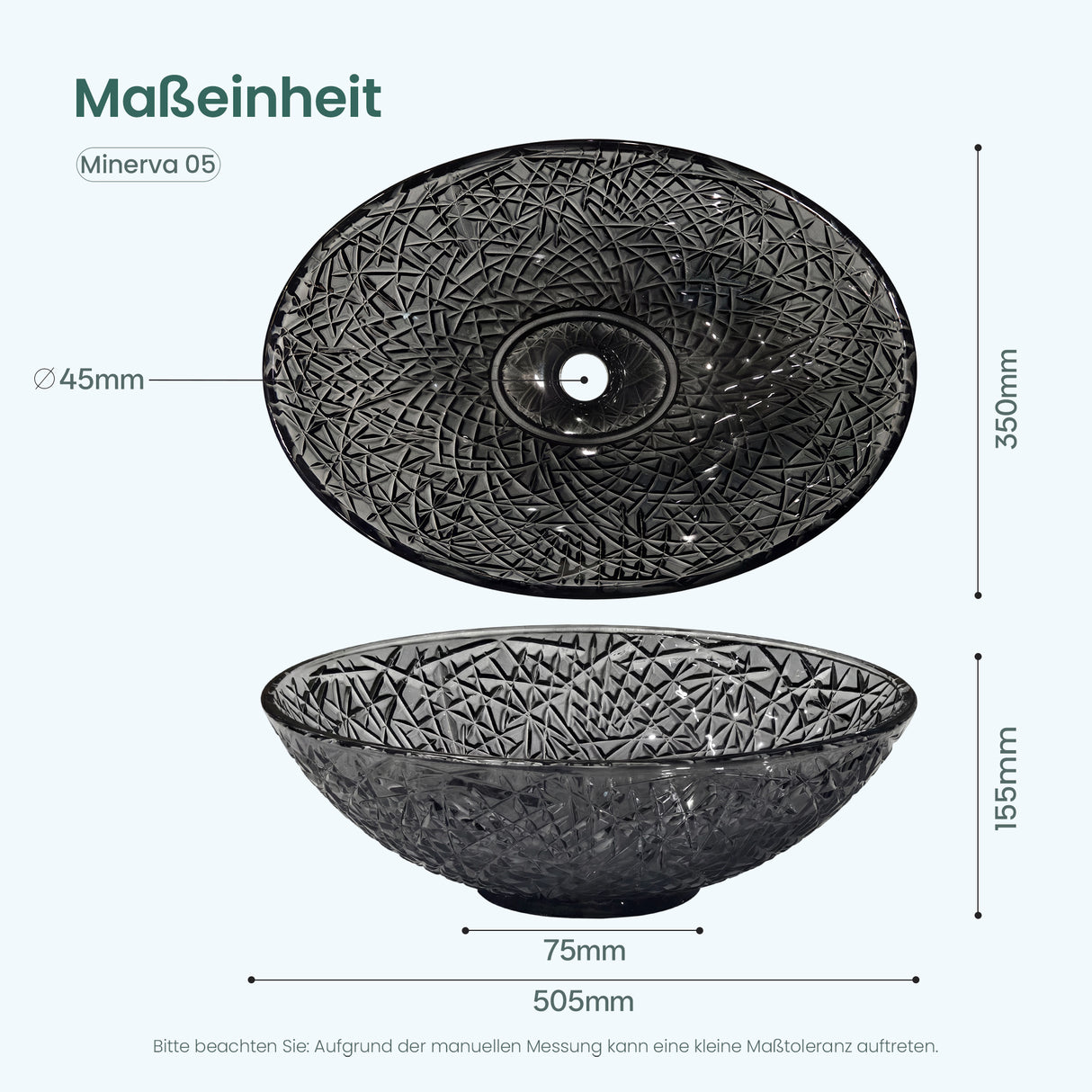 glasvilla Waschbecken Glas Aufsatzwaschbecken Glaswaschbecken Handwaschbecken Waschschale Oval Minerva08