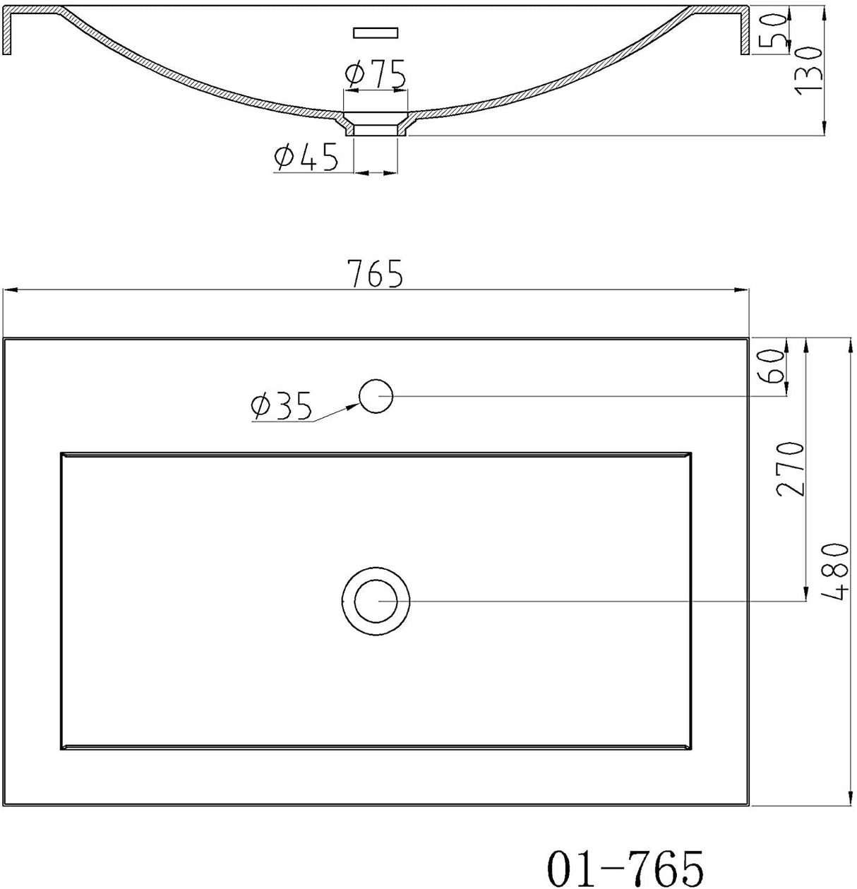 Lavabo Glasvilla, vasque encastrée, meuble-lavabo, en fonte minérale, rectangulaire, 1 trou de robinetterie, avec trop-plein, Col01