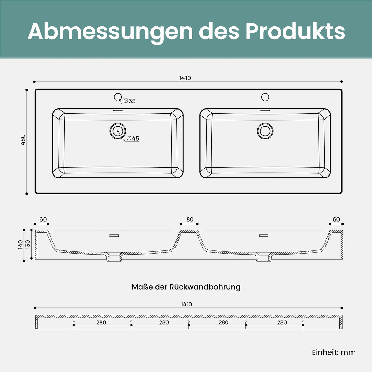 glasvilla Doppelwaschbecken Aufsatzwaschbecken Hängewaschbecken Waschbecken mineralguss Waschplatz Waschtisch Col830