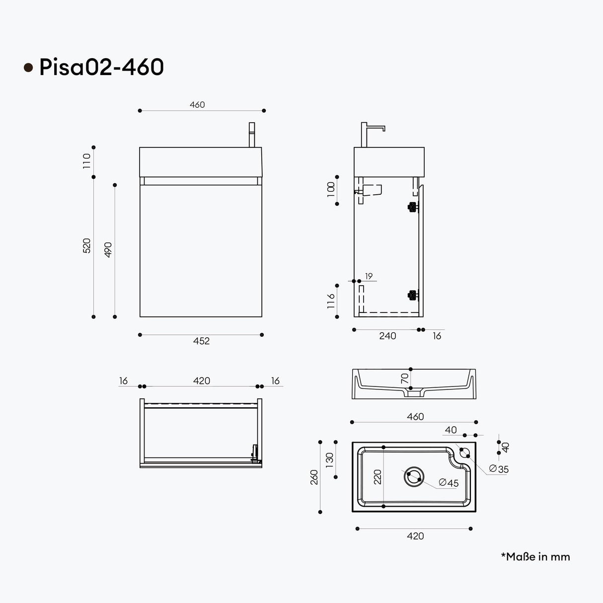glasvilla Badmöbelset Badezimmermöbel bestehend aus Waschbecken in Anthrazit Matt und Waschbeckenunterschrank BTH: 46x26x63cm Pisa02