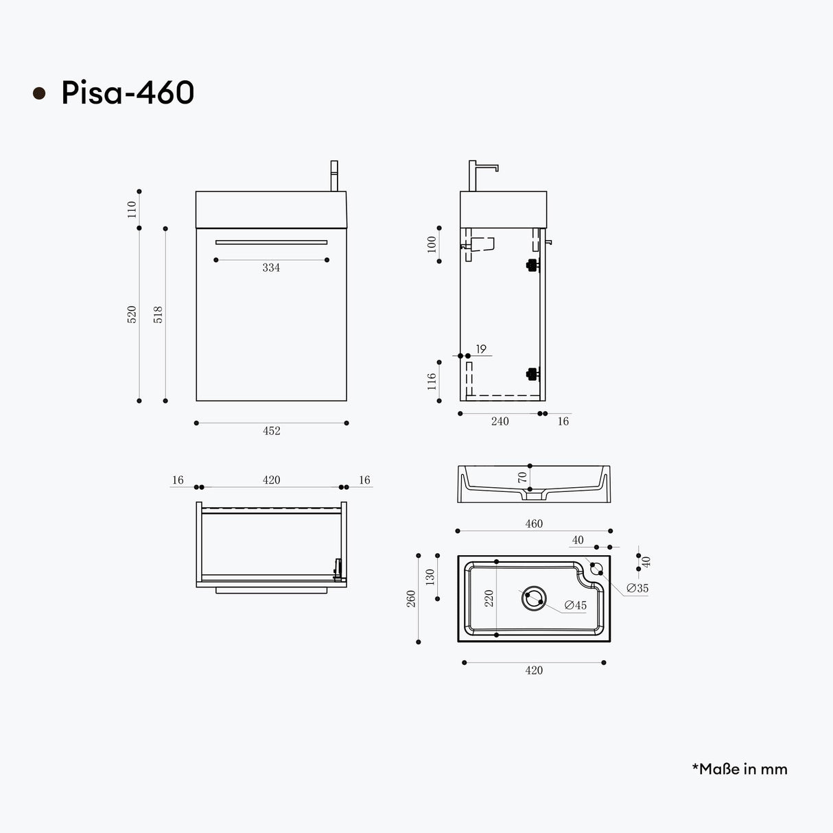 glasvilla Ensemble de Meubles de Salle de Bain avec Meuble Sous-Vasque Lavabo Anthracite Mat et Miroir de Salle de Bain LED 46x26x63 cm Pisa