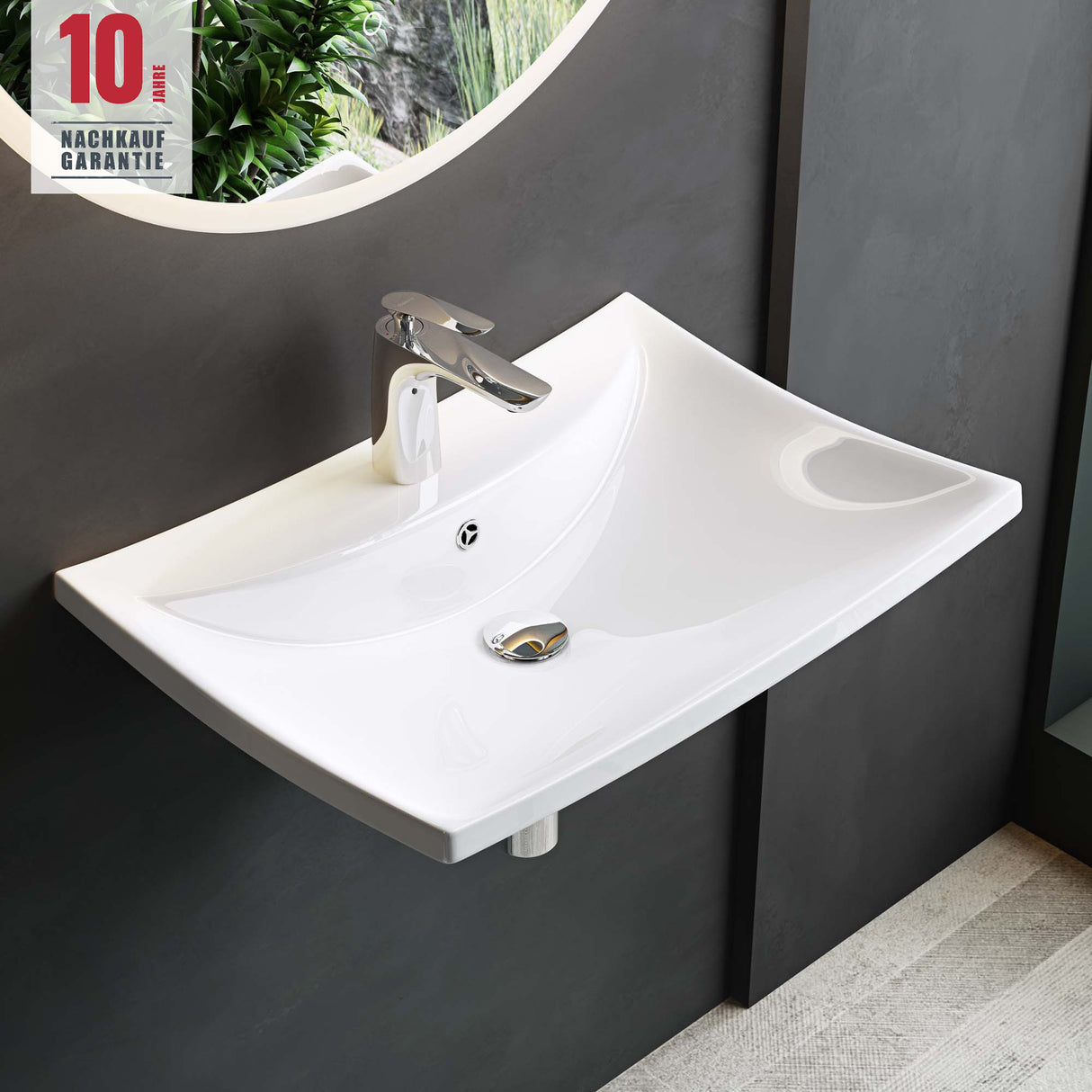 glasvilla lavabo de encimera lavabo colgante BTH: 60x44x18cm blanco de cerámica con recubrimiento nano Bruselas709