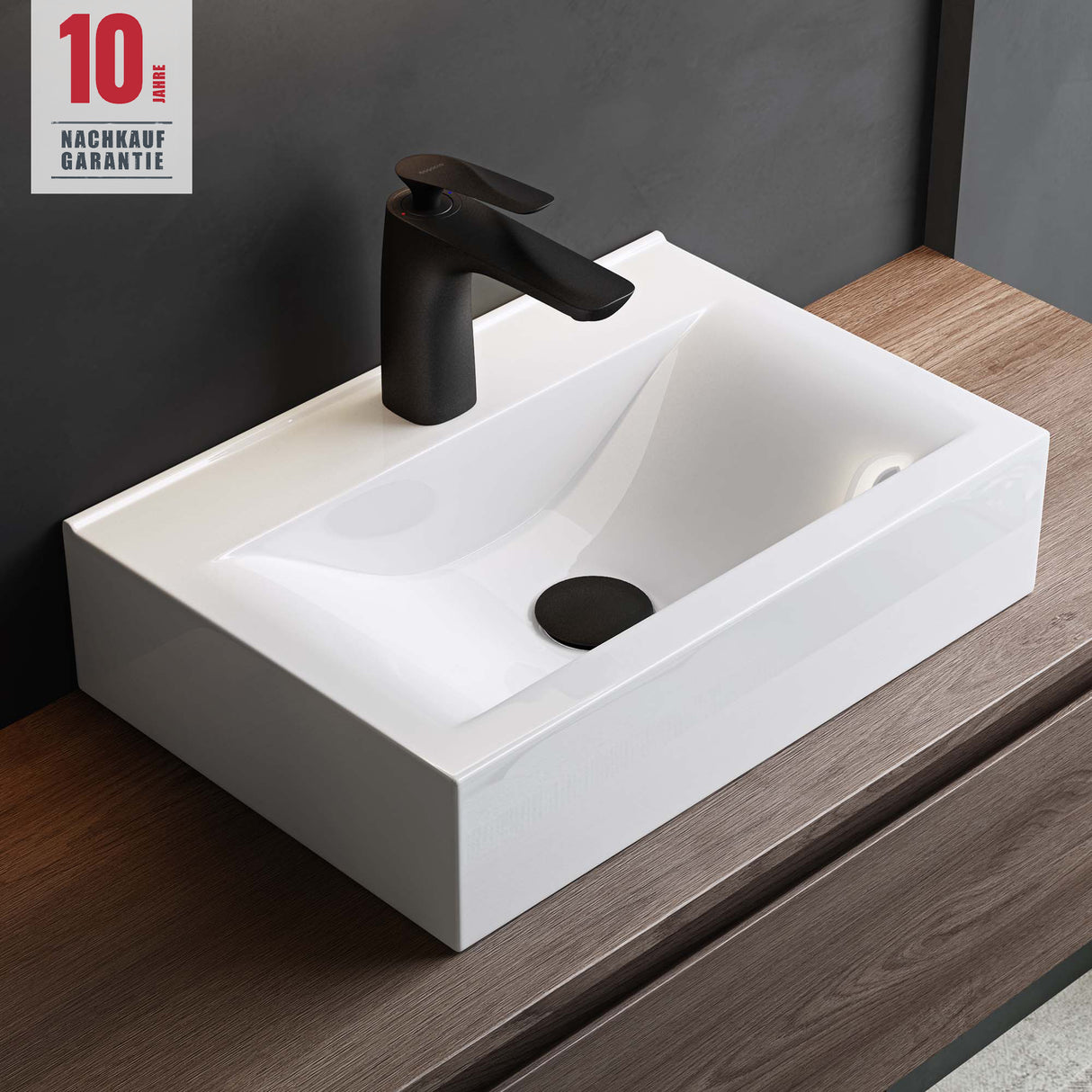 Vasque à poser Glasvilla, dimensions L x P x H : 45 x 30,5 x 10,5 cm, blanche, en céramique, carrée, avec revêtement nano/effet lotus Brussels118c