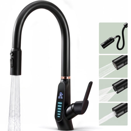 glasvilla Robinet de cuisine extensible rotatif à 360° avec 3 modes de jet d'eau, affichage numérique LED, mitigeur d'évier MS-8085