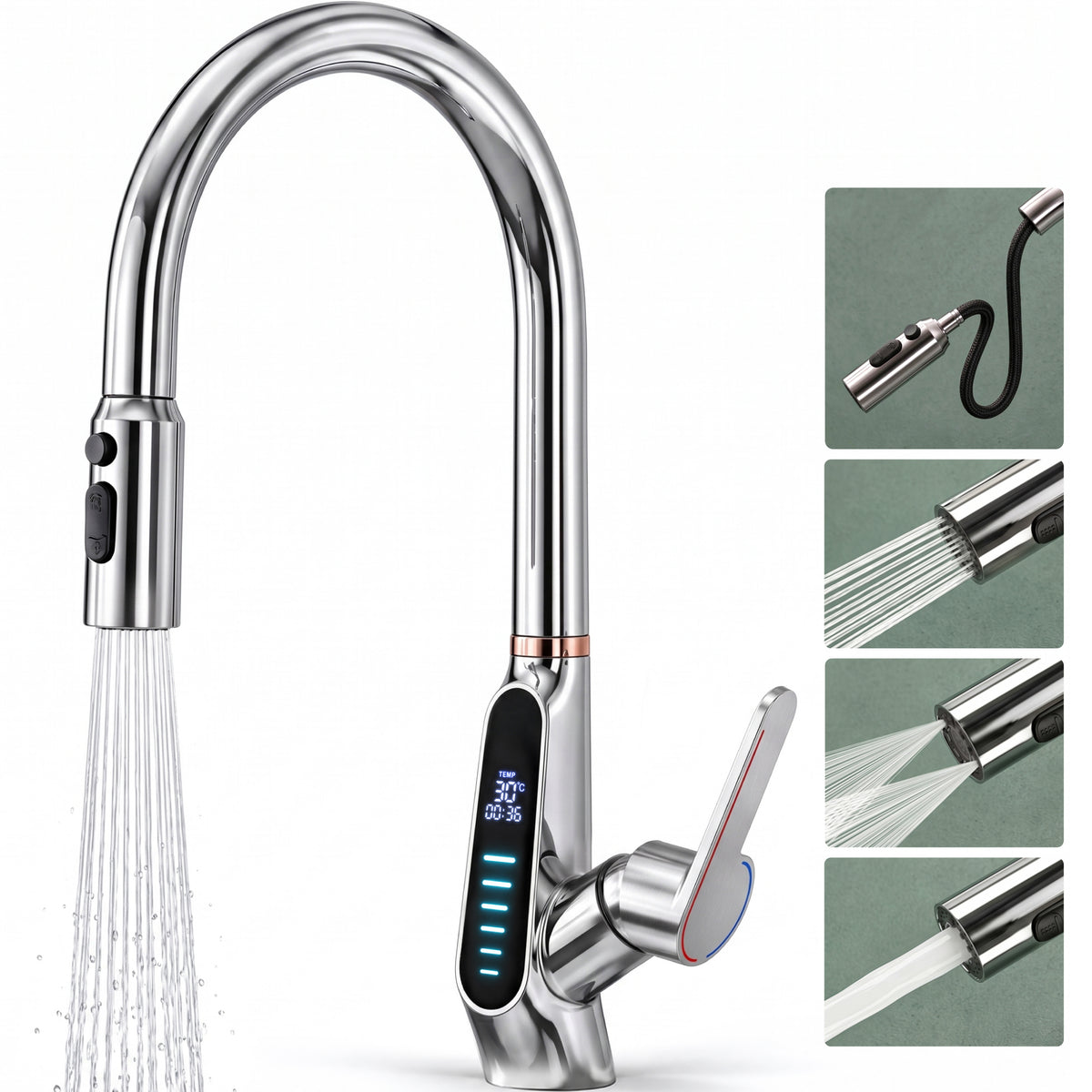 Grifo de Cocina Glasvilla MS-8085 Extraíble 360° con 3 Modos de Chorro y Pantalla LED