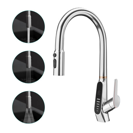 Robinet de cuisine Glasvilla, extensible, rotatif à 360°, 3 jets d'eau, affichage numérique LED, robinet d'évier de cuisine MS-8085
