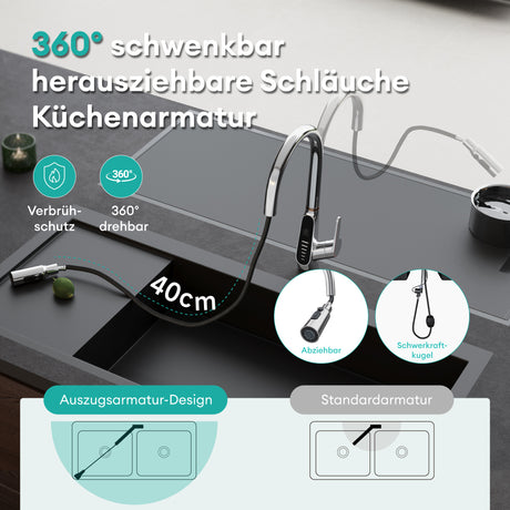 Robinet de cuisine Glasvilla, extensible, rotatif à 360°, 3 jets d'eau, affichage numérique LED, robinet d'évier de cuisine MS-8085