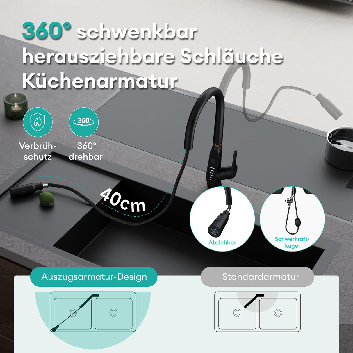 glasvilla Rubinetto da Cucina Estraibile con 3 Modalità e di Getto e Display digitale a LED Rubinetto per Lavello con Tubi e Accesorri Ruotabile a 360° MS-8085