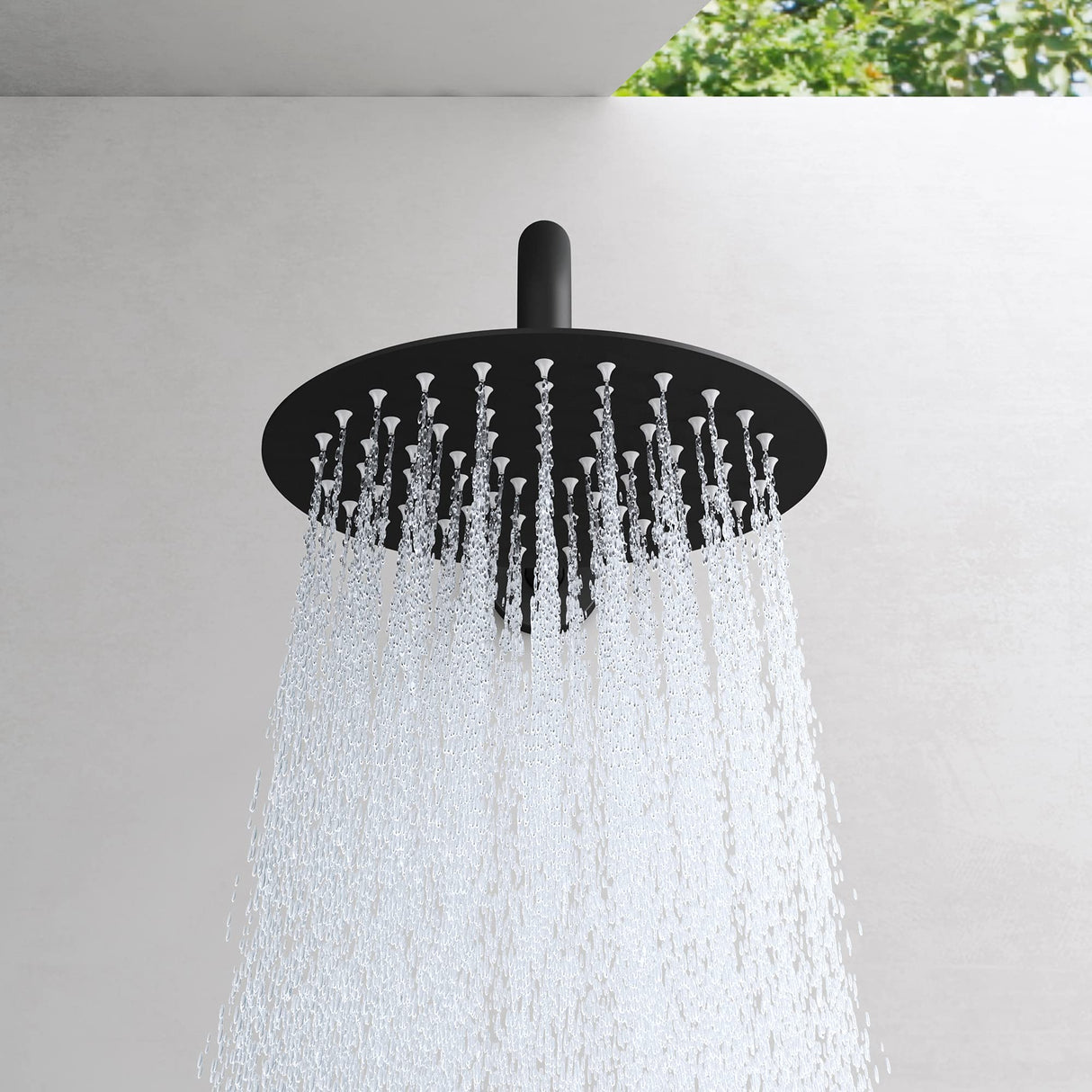 Système de douche bien-être à effet pluie Glasvilla, noir mat, avec pommeau de douche rond (Ø 19 cm), comprenant une douchette et un mitigeur monocommande au design intemporel.
