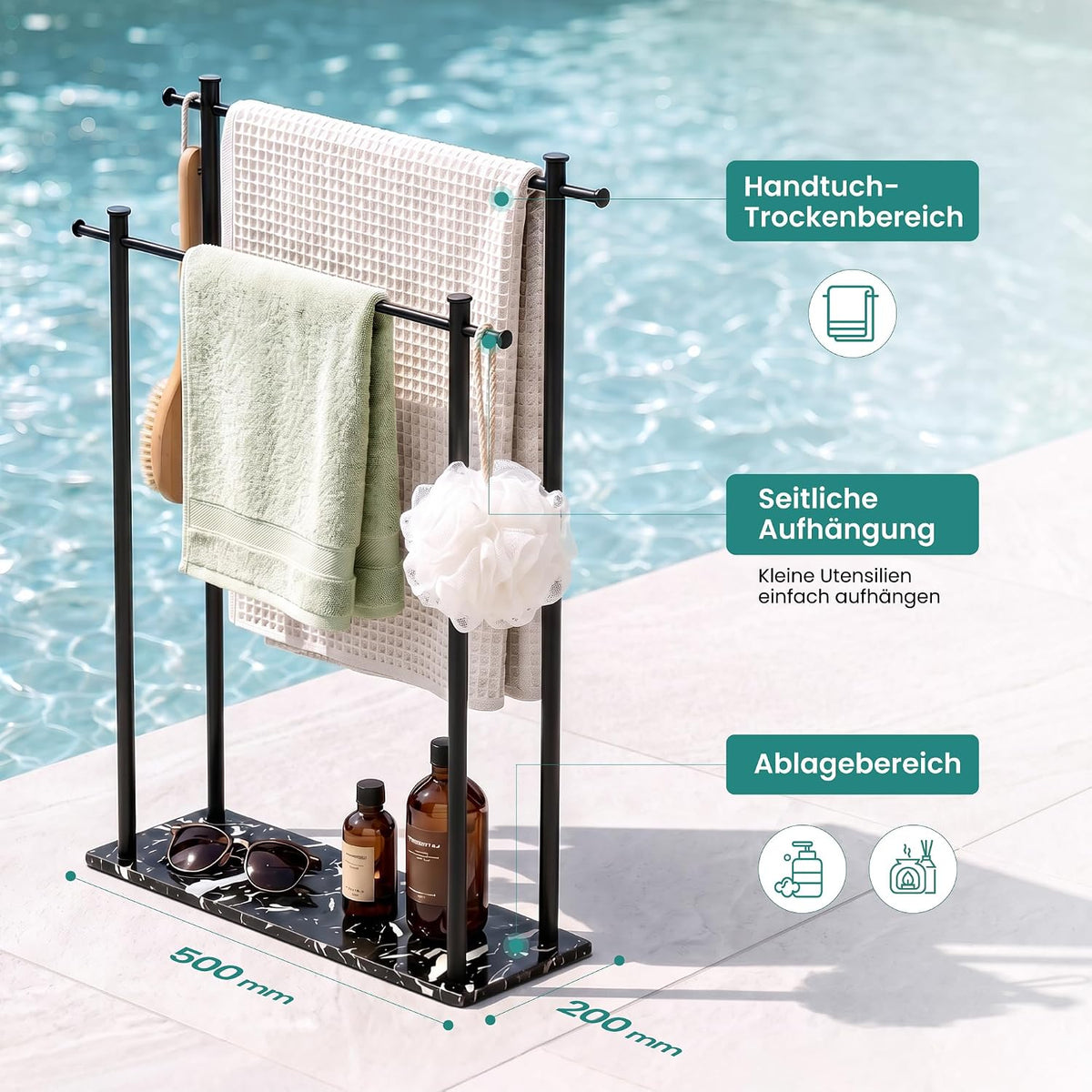 glasvilla Handtuchständer freistehend mit 2 Stangen, Handtuchhalter stehend Handtuchhalter ohne Bohren 55 × 20 × 82,5 , Edelstahl, Mineralstein-Sockel mit Ablage, Tavrin-09