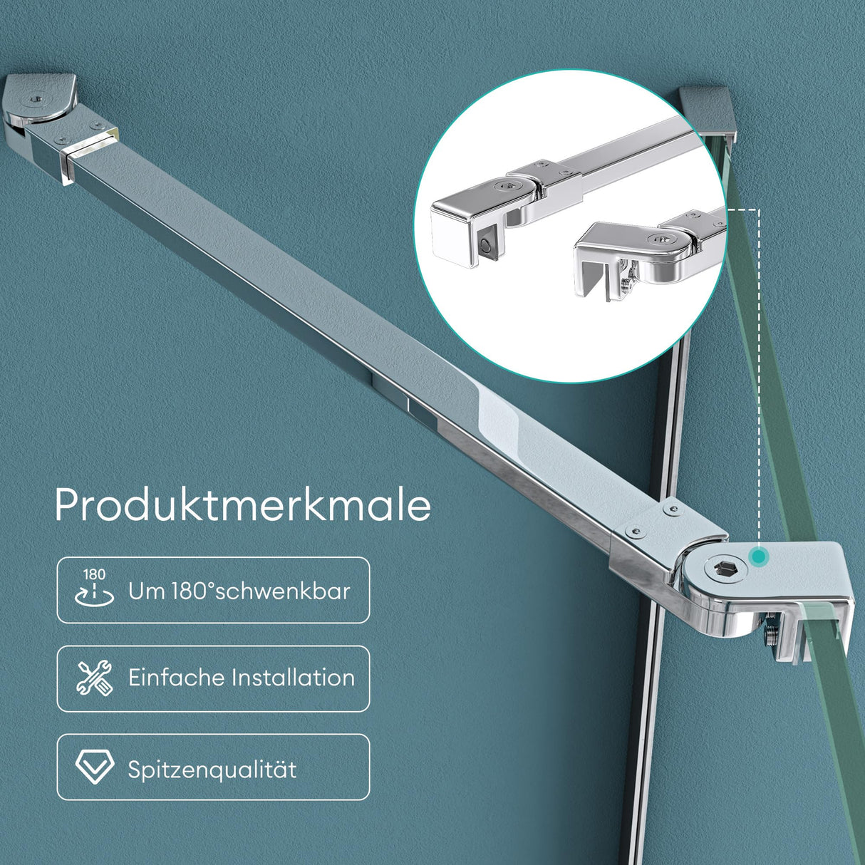 Barre de support pour paroi de douche Glasvilla | Stabilisateur de paroi vitrée pour douches à l'italienne | Pivote à 180° pour verre de 6 à 10 mm d'épaisseur
