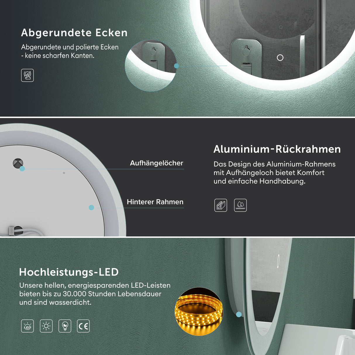 glasvilla Miroir Mural de Salle de Bain Miroir Lumineux Rond à LED Miroir de Salle de Bain à LED avec Interrupteur Tactile Couche Antibuée LED-Spiegel 05