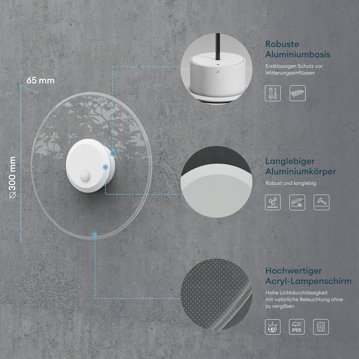 glasvilla Wandleuchte Exterior 6W LED Lámpara de Pared | Lámpara Exterior Lámpara de Camino para Jardín, 3000K con Sensor de Movimiento | Lámpara Exterior ⌀300X65mm IP65 LunaLights