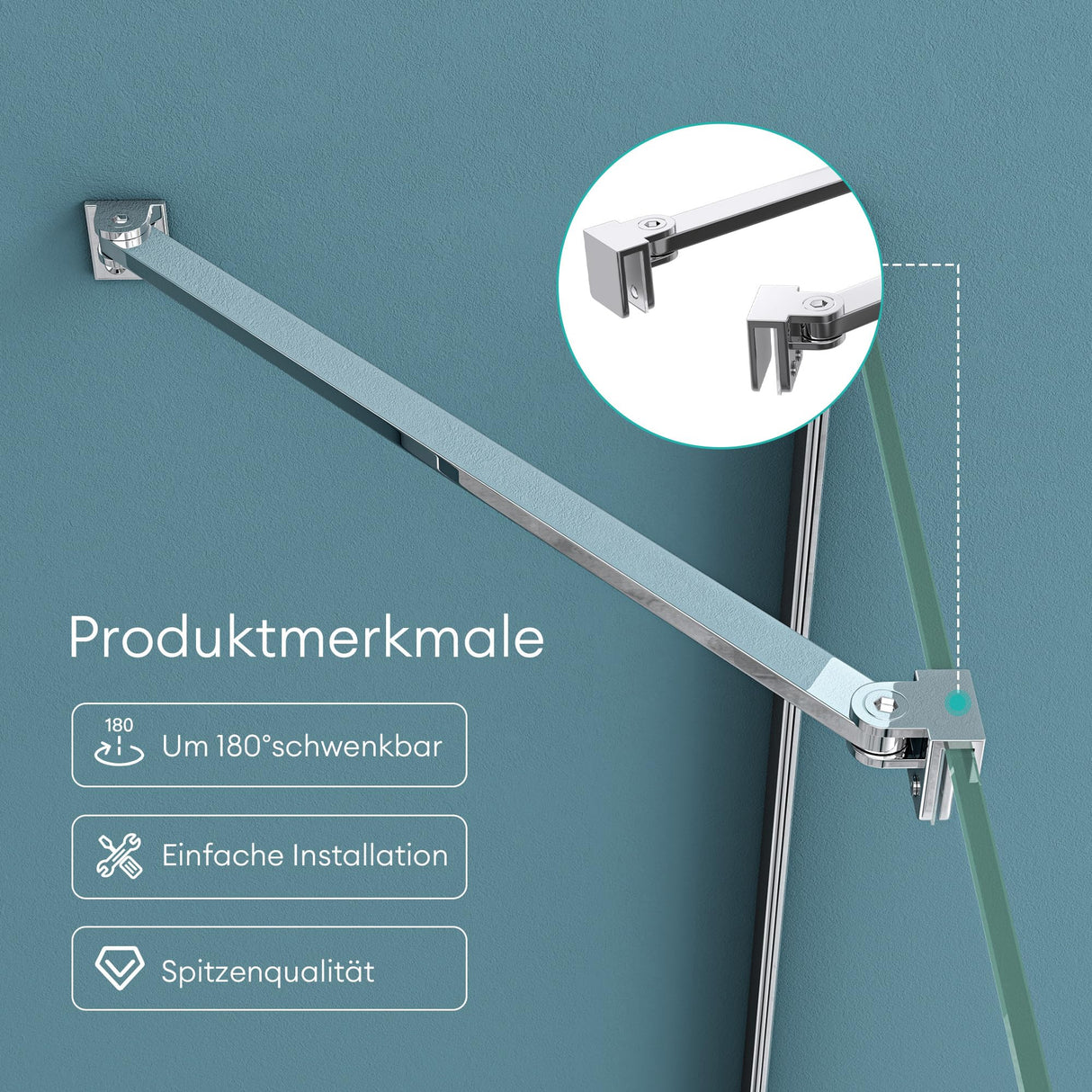 Barre de support pour paroi de douche Glasvilla | Stabilisateur de paroi vitrée pour douches à l'italienne | Pivote à 180° pour verre de 6 à 10 mm d'épaisseur