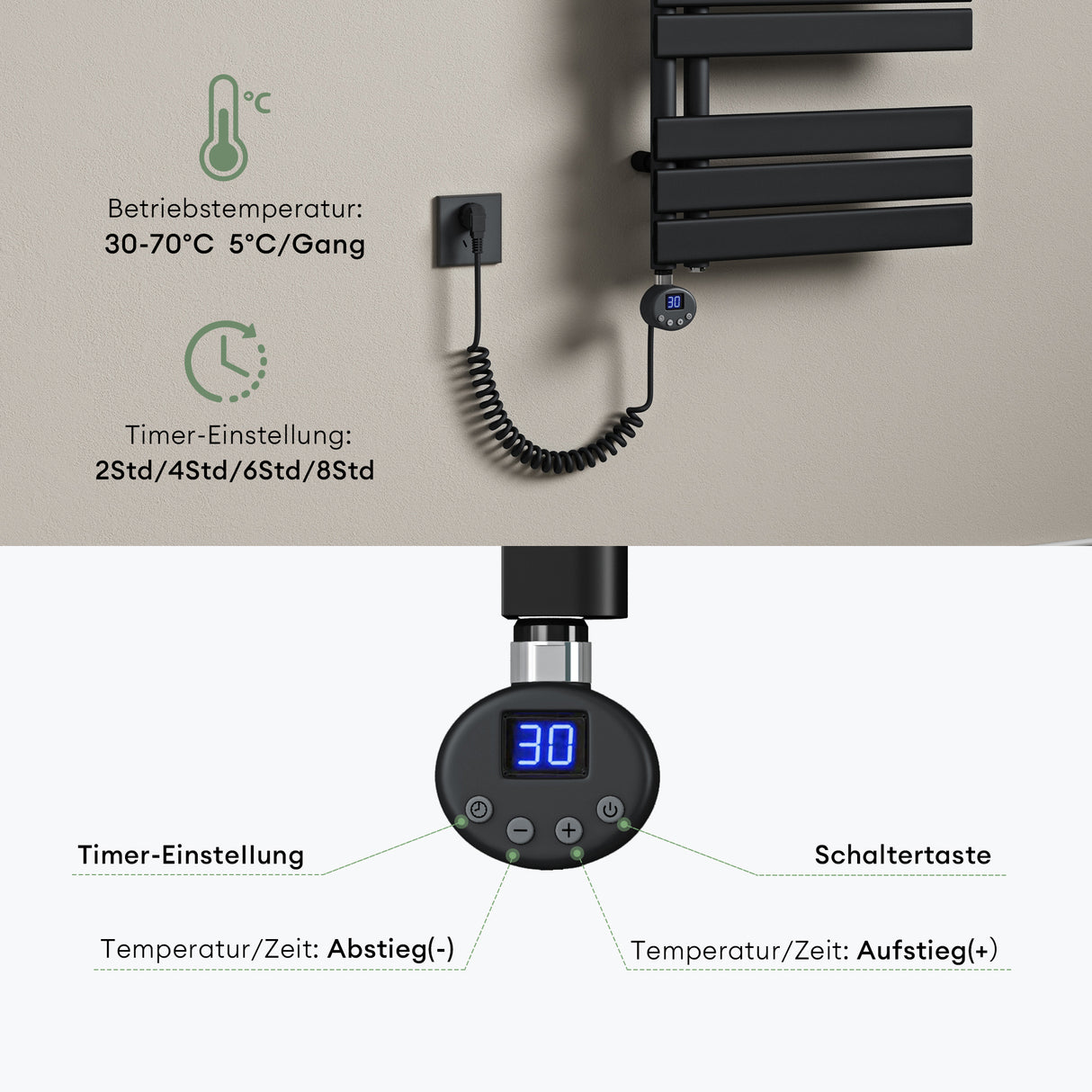 glasvilla Badheizkörper Elektrisch Seitenanschluss Handtuchheizkörper Handtuchhalter Handtuchwärmer Badheizung FN mit Heizstab 02