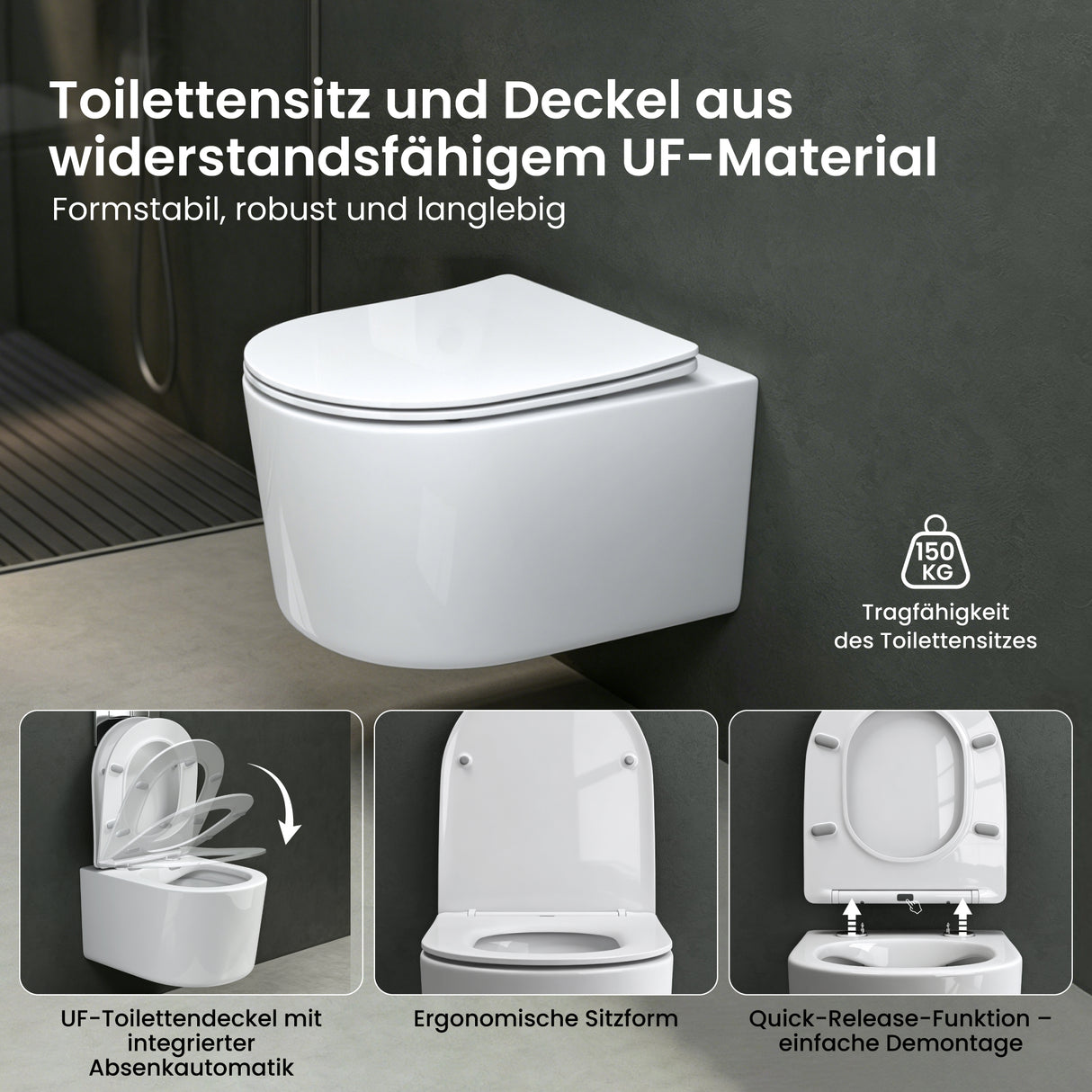 Glasvilla Design – Inodoro suspendido sin reborde en cerámica blanca con asiento Soft-Close