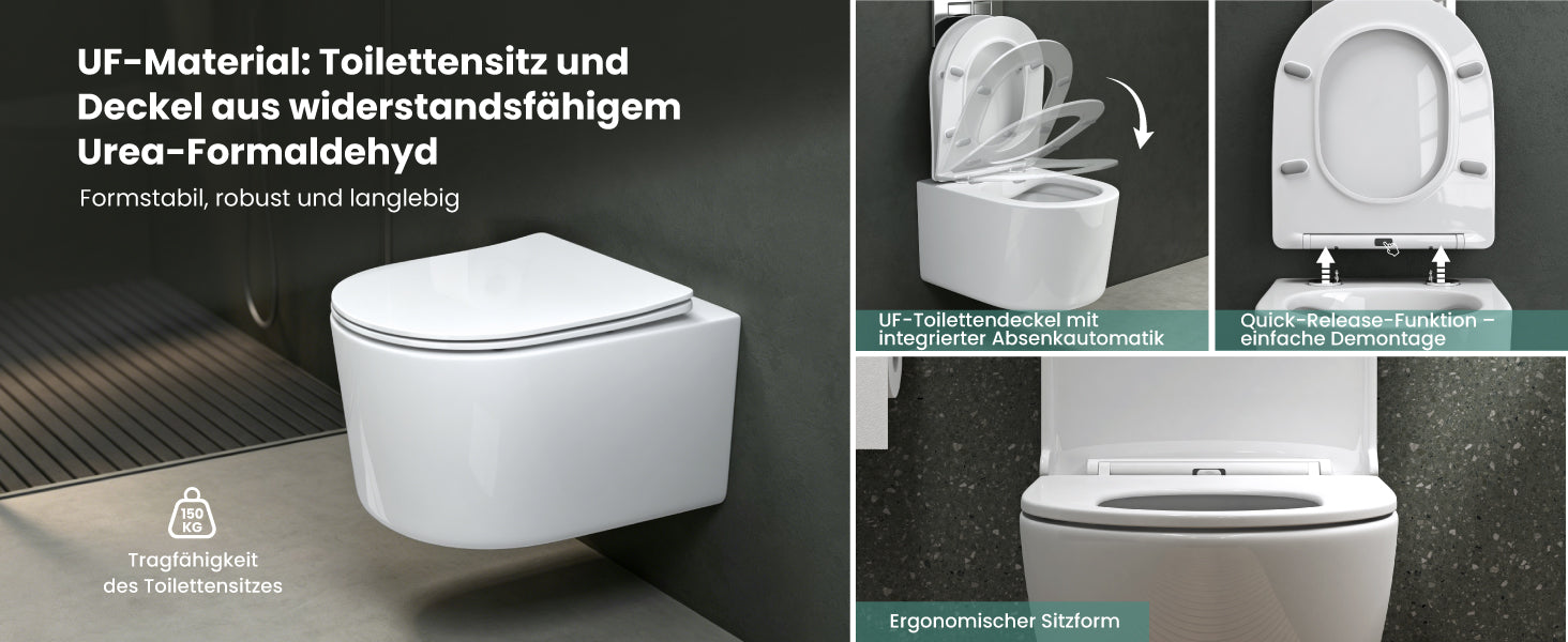 Glasvilla Design – Inodoro suspendido sin reborde en cerámica blanca con asiento Soft-Close