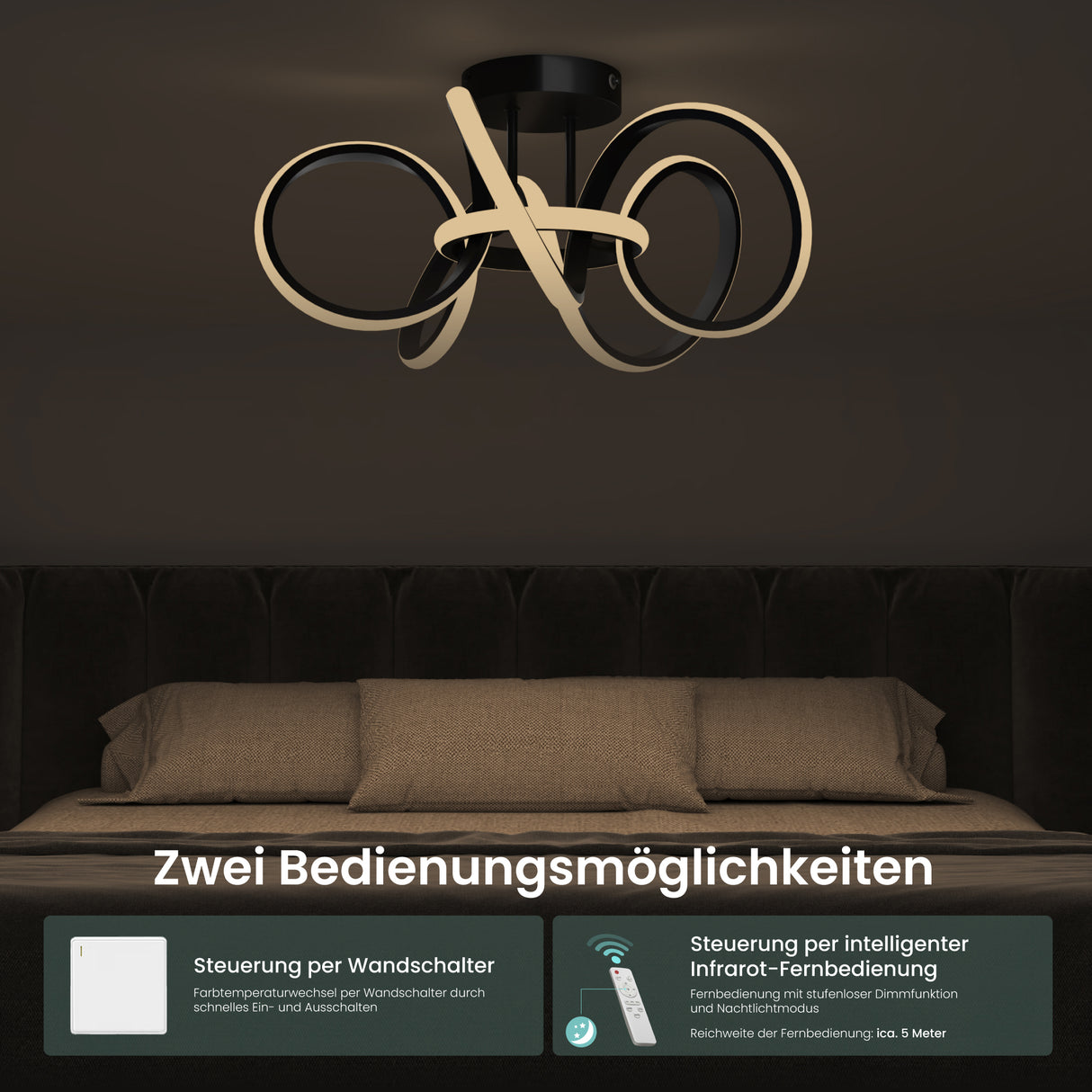 glasvilla Plafonnier LED avec Télécommande Intensité Lumineuse Réglable en Continu 3000 à 6400K Sans Scintillement 65W Noir Idéal pour Chambre Salon Bureau ou Couloir