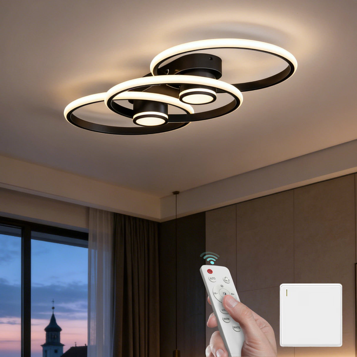 Glasvilla Design – Lámpara de techo LED negra con mando a distancia, regulable 3000–6400K (70W, 75 cm)