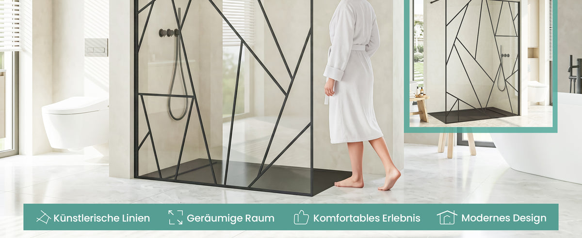 glasvilla Duschwand für Dusche Duschabtrennung  Walk-In Dusche  Duschtrennwand Schwarz 8mm ESG-Sicherheitsglas NANO Klarglas mit geometrischem Design MMBR3 Bremen01Plus-GM