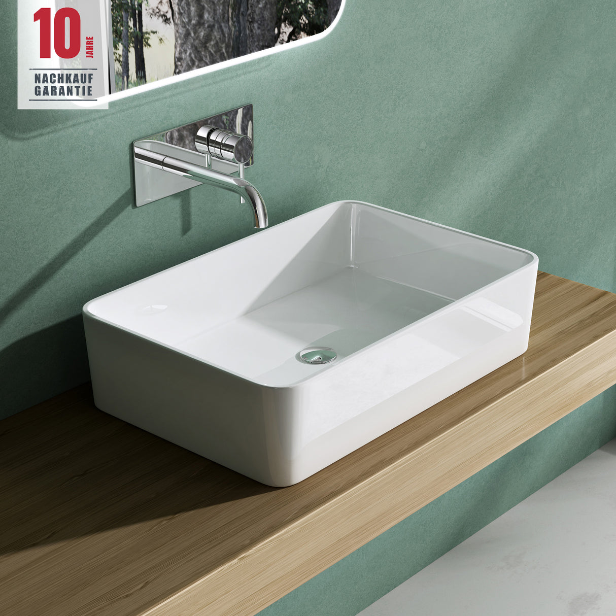 Glasvilla Lavabo de mineral fundido sin orificio para grifo Col102 – Blanco brillante, diseño moderno, suspendido o sobre encimera