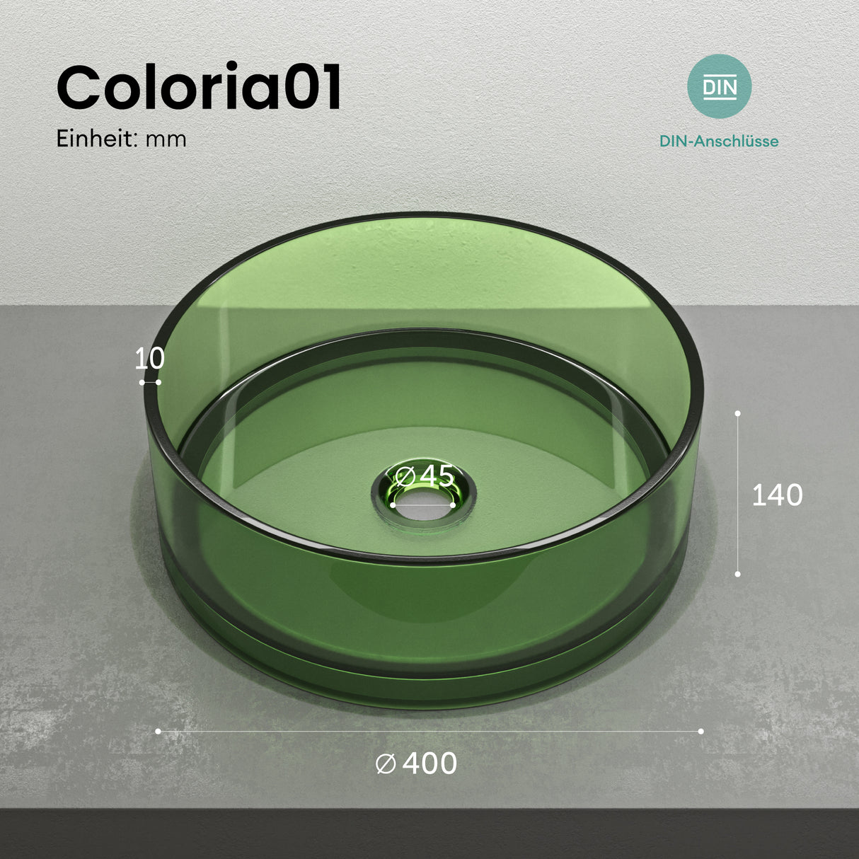 glasvilla Waschbecken rund Aufsatzwaschbecken aus Kunstharz Waschschale Handwaschbecken 40x40x14cm ohne Hahnloch und Überlauf Coloria01