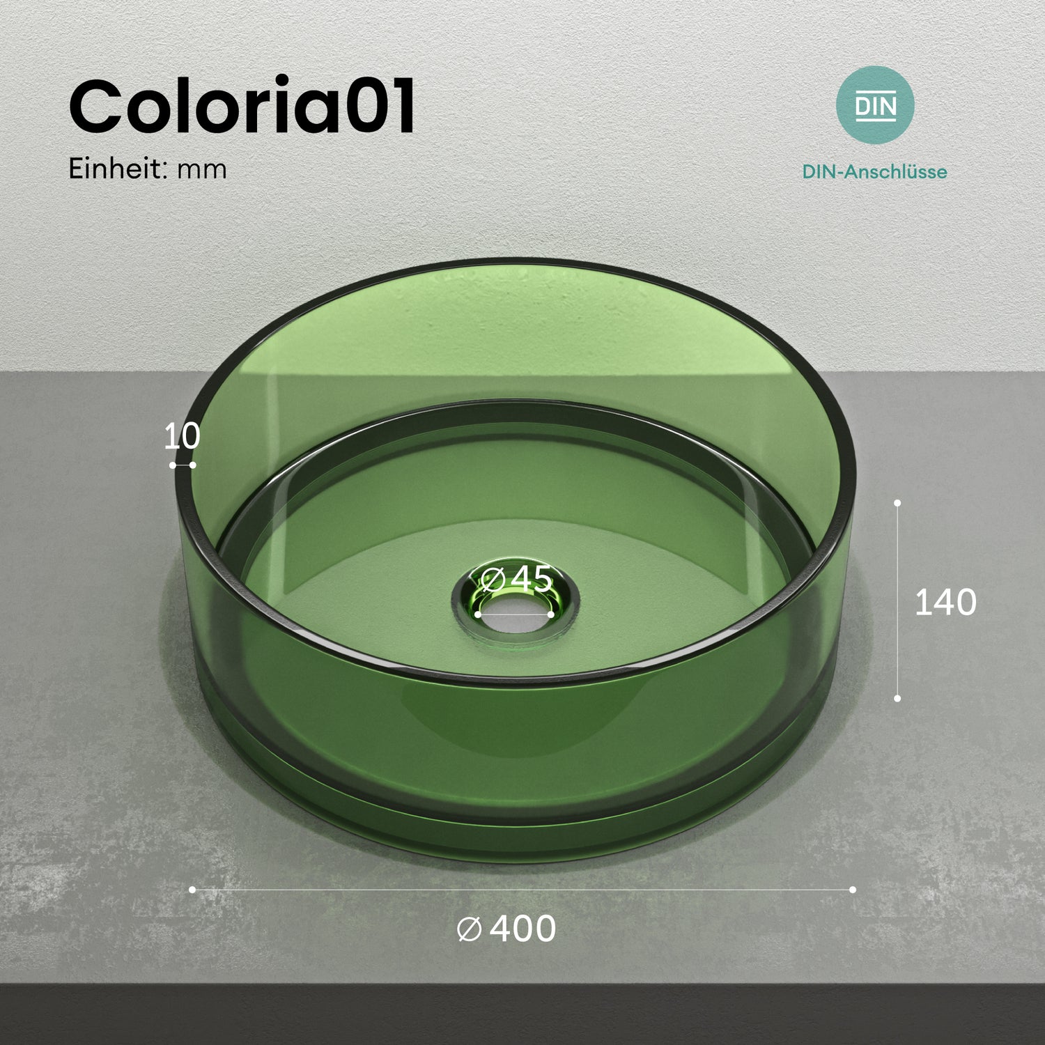 glasvilla Waschbecken rund Aufsatzwaschbecken aus Kunstharz Waschschale Handwaschbecken 40x40x14cm ohne Hahnloch und Überlauf Coloria01