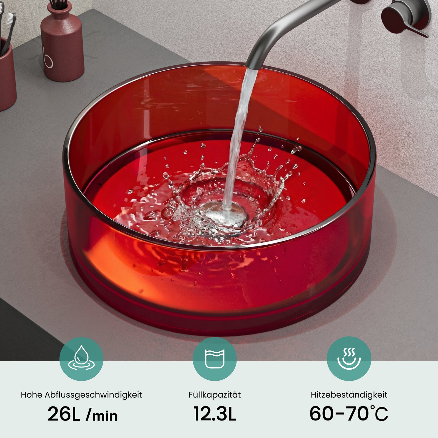 glasvilla Waschbecken rund Aufsatzwaschbecken aus Kunstharz Waschschale Handwaschbecken 40x40x14cm ohne Hahnloch und Überlauf Coloria01