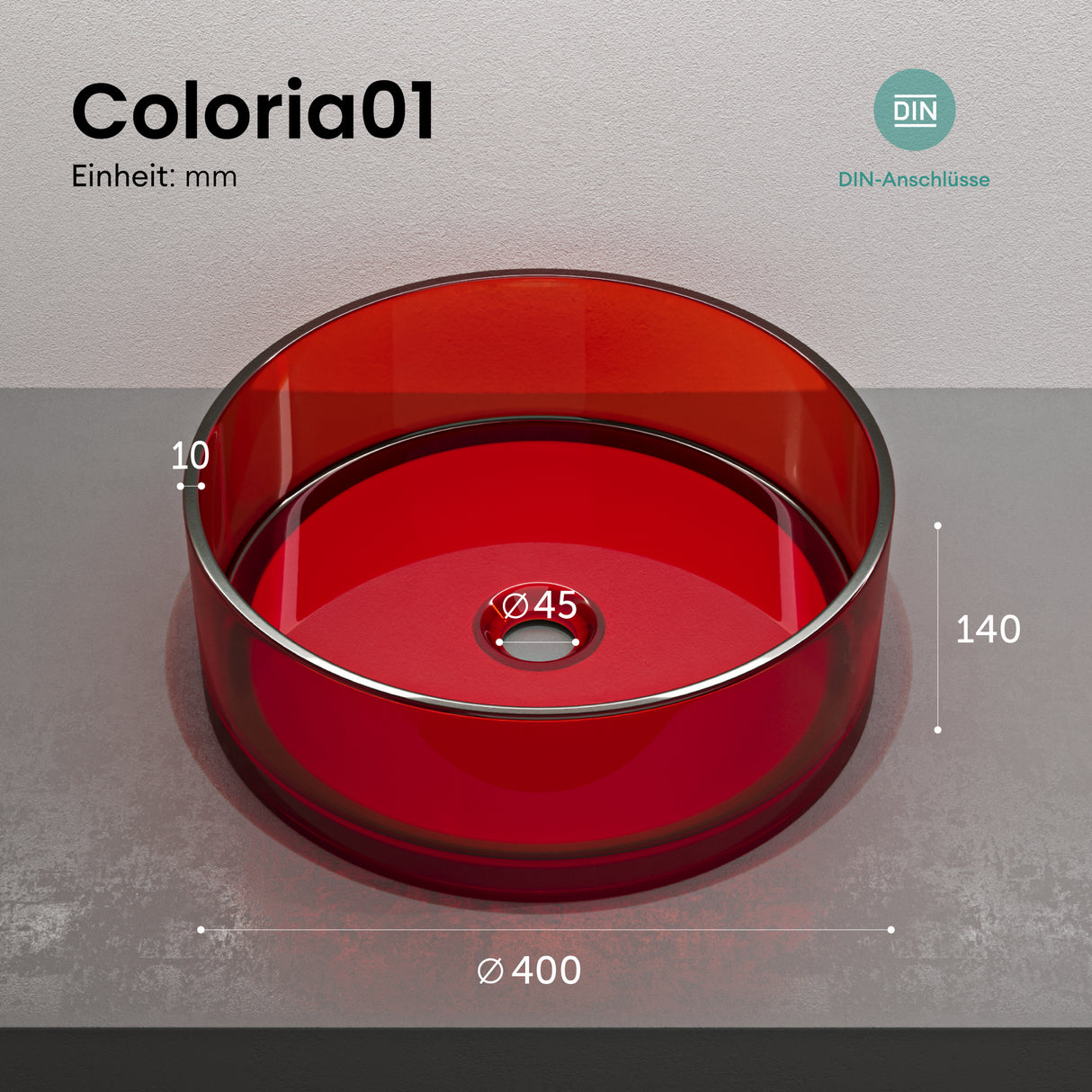 glasvilla Waschbecken rund Aufsatzwaschbecken aus Kunstharz Waschschale Handwaschbecken 40x40x14cm ohne Hahnloch und Überlauf Coloria01