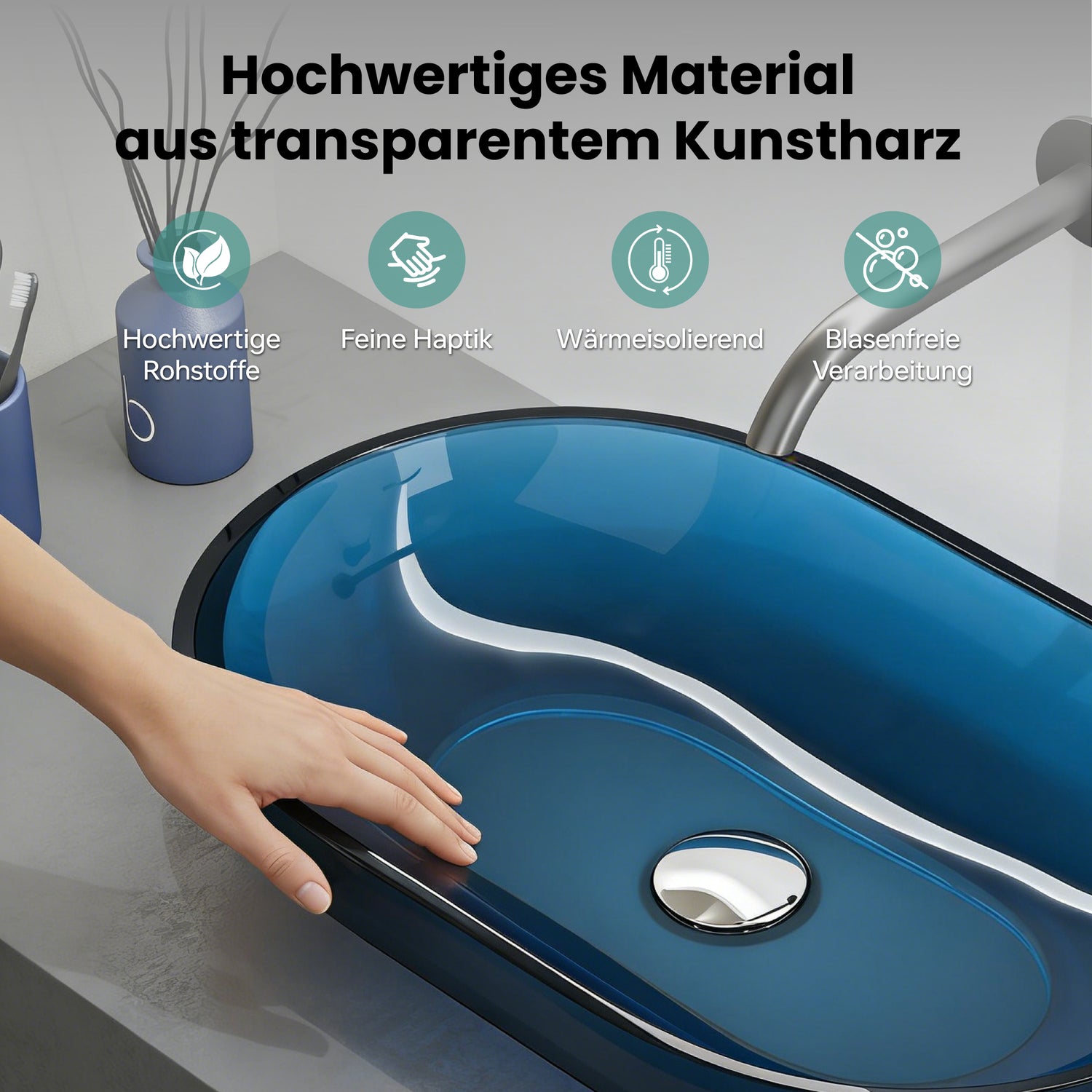 glasvilla Waschbecken Aufsatzwaschbecken aus Kunstharz Waschschale Handwaschbecken Oval 63x34x17cm ohne Hahnloch und Überlauf Coloria03