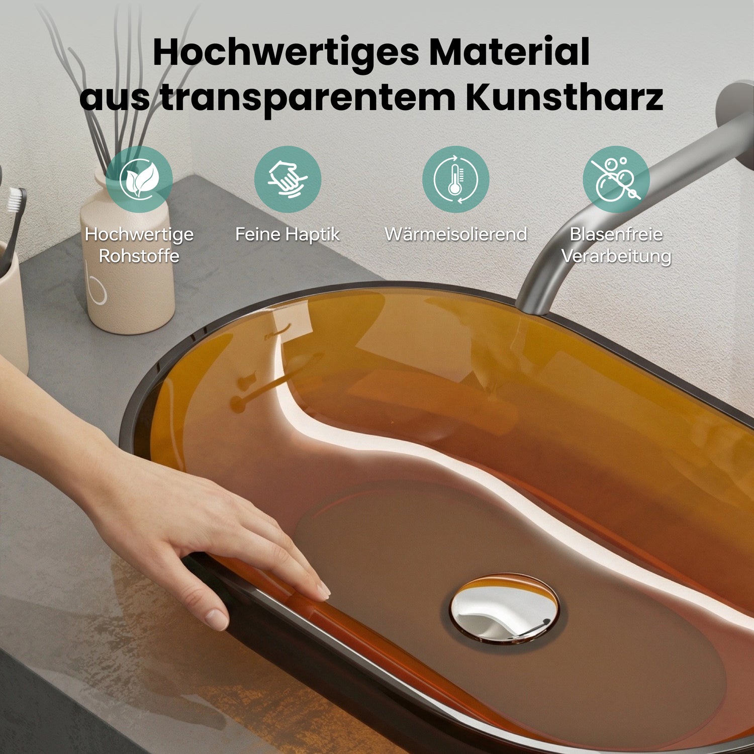 glasvilla Waschbecken Aufsatzwaschbecken aus Kunstharz Waschschale Handwaschbecken Oval 63x34x17cm ohne Hahnloch und Überlauf Coloria03