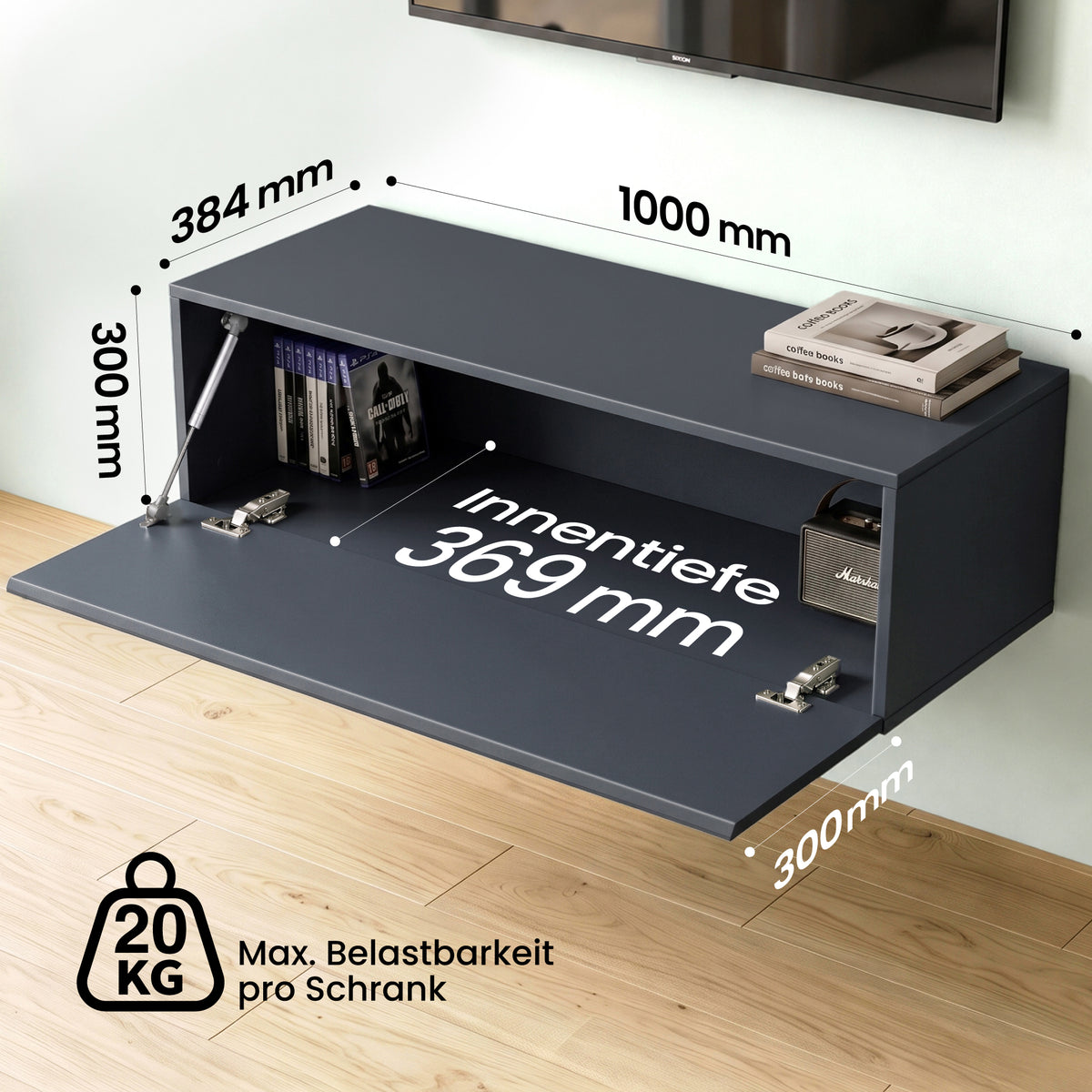 Glasvilla Design – Mueble TV suspendido con cierre suave y tirador oculto (Fernsehschrank02)