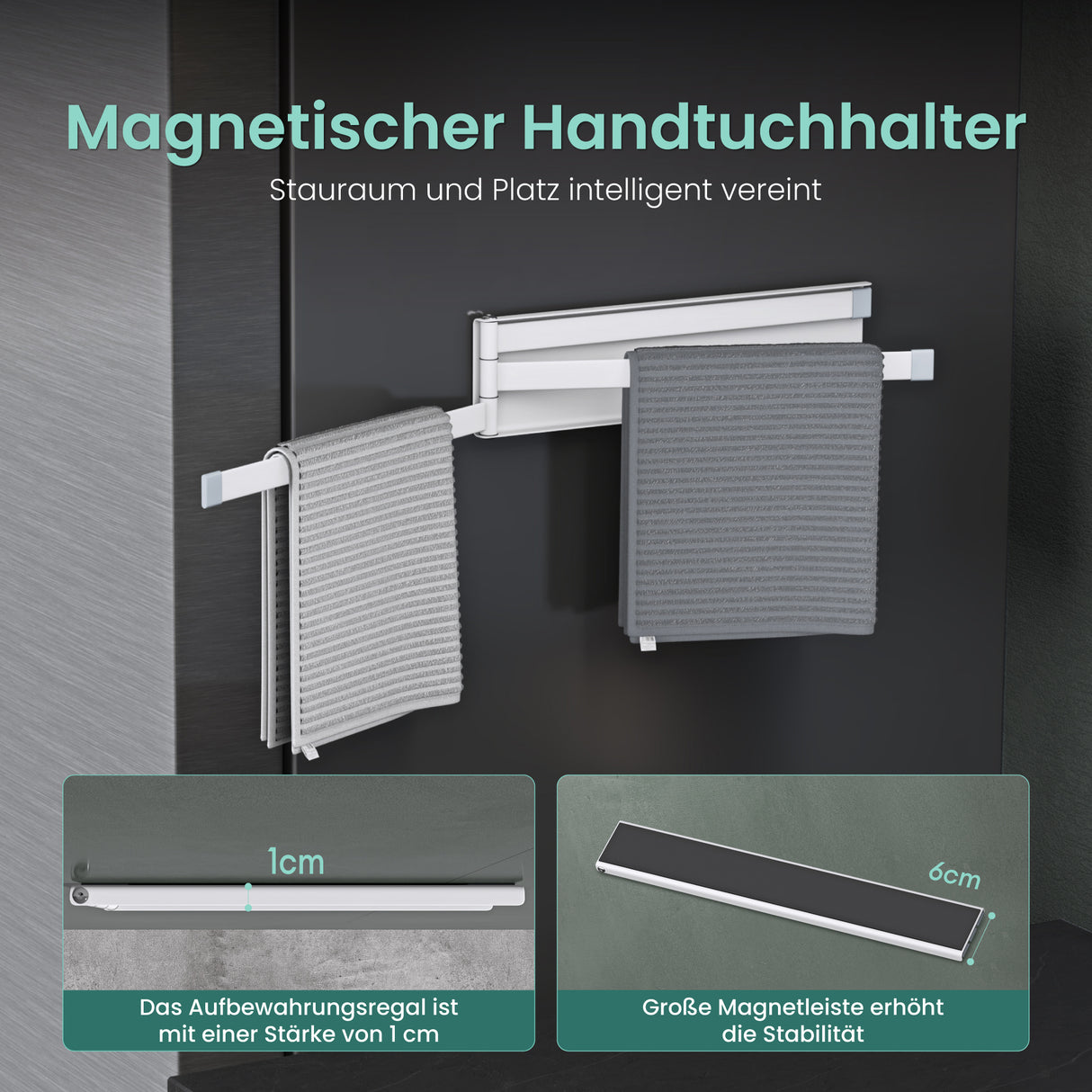 Porte-serviettes Glasvolla sans perçage, pivotant à 180° avec 3 bras, barre porte-serviettes auto-adhésive ou magnétique, porte-serviettes pour salle de bain et cuisine Folda-02