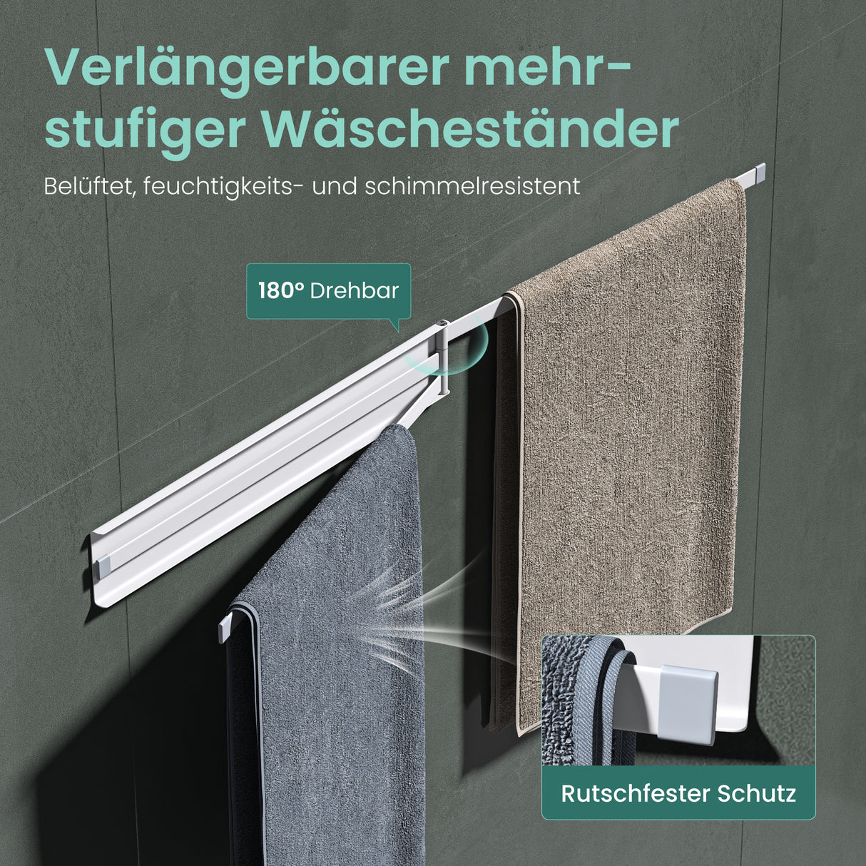 Porte-serviettes Glasvolla sans perçage, pivotant à 180° avec 3 bras, barre porte-serviettes auto-adhésive ou magnétique, porte-serviettes pour salle de bain et cuisine Folda-02