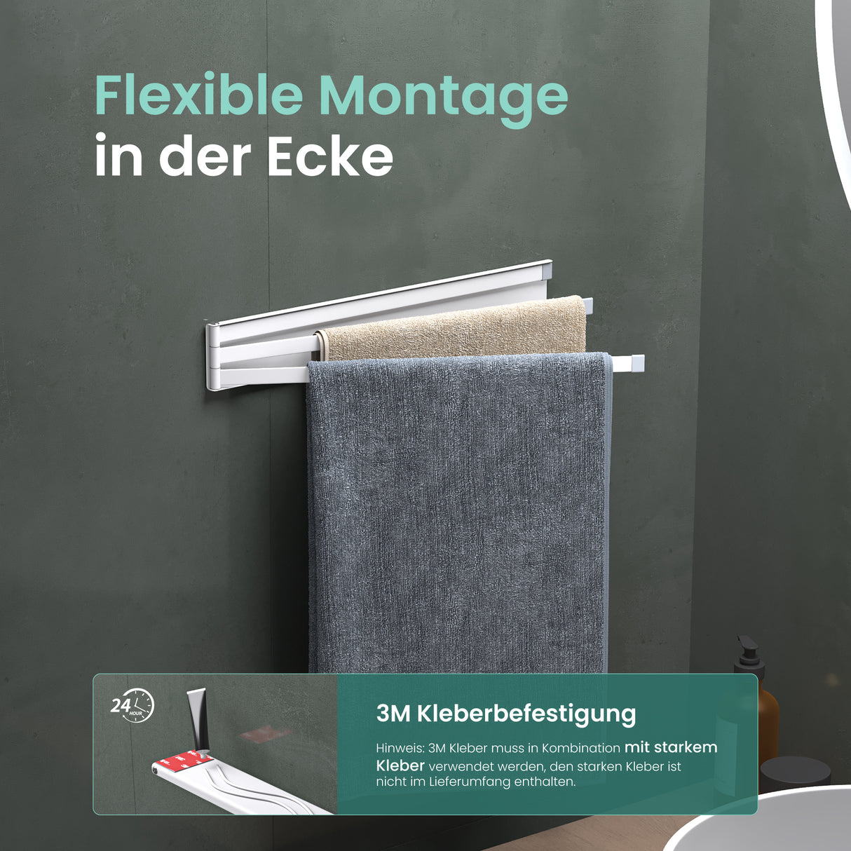 Porte-serviettes Glasvolla sans perçage, pivotant à 180° avec 3 bras, barre porte-serviettes auto-adhésive ou magnétique, porte-serviettes pour salle de bain et cuisine Folda-02