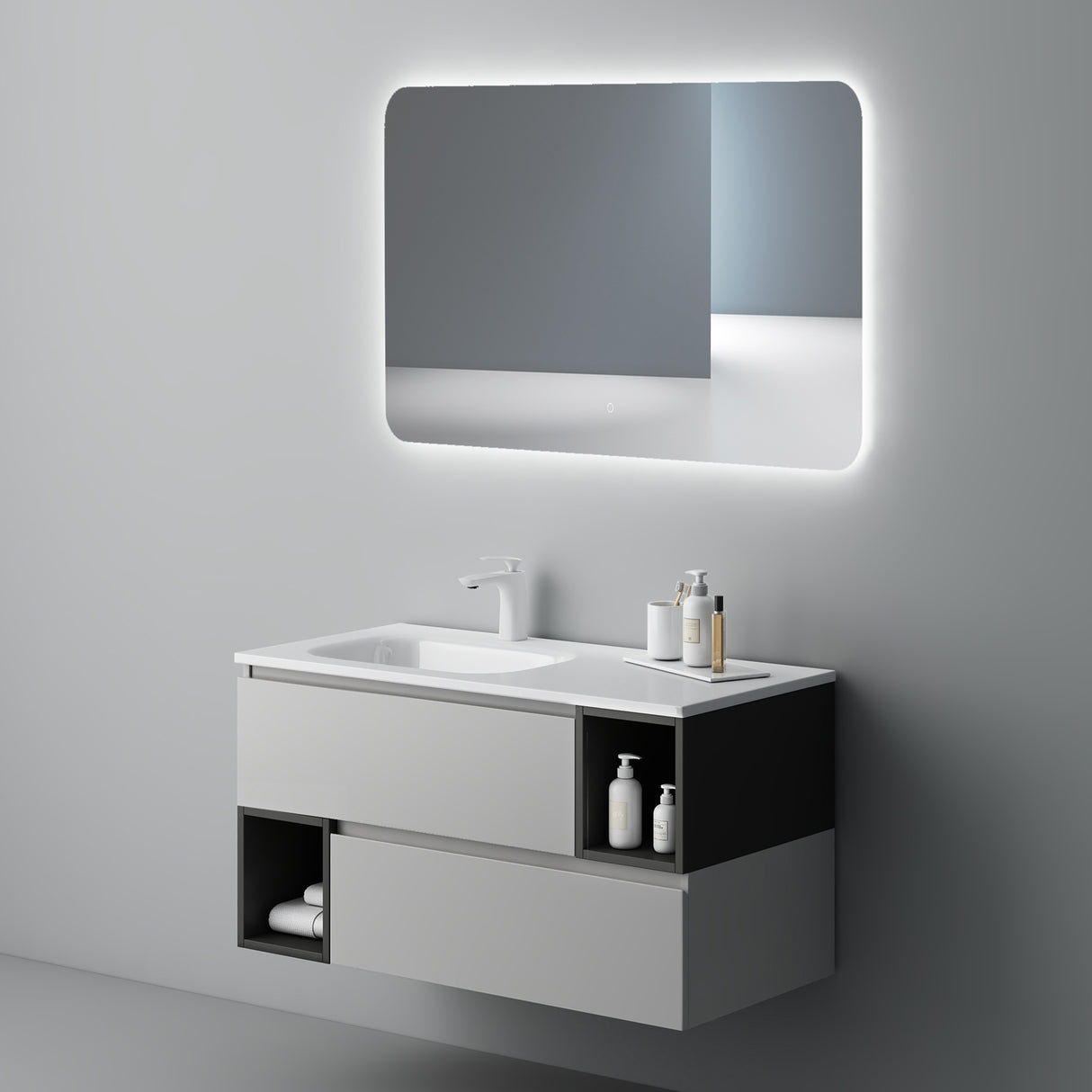 glasvilla Meubles de Salle de Bain | Armoire de Salle de Bain avec Miroir | Meuble Sous-Vasque en Solid Surface Gemini
