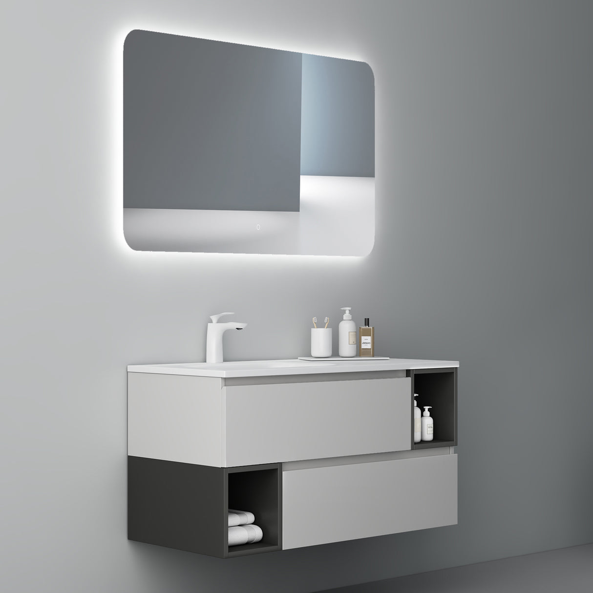 glasvilla Meubles de Salle de Bain | Armoire de Salle de Bain avec Miroir | Meuble Sous-Vasque en Solid Surface Gemini