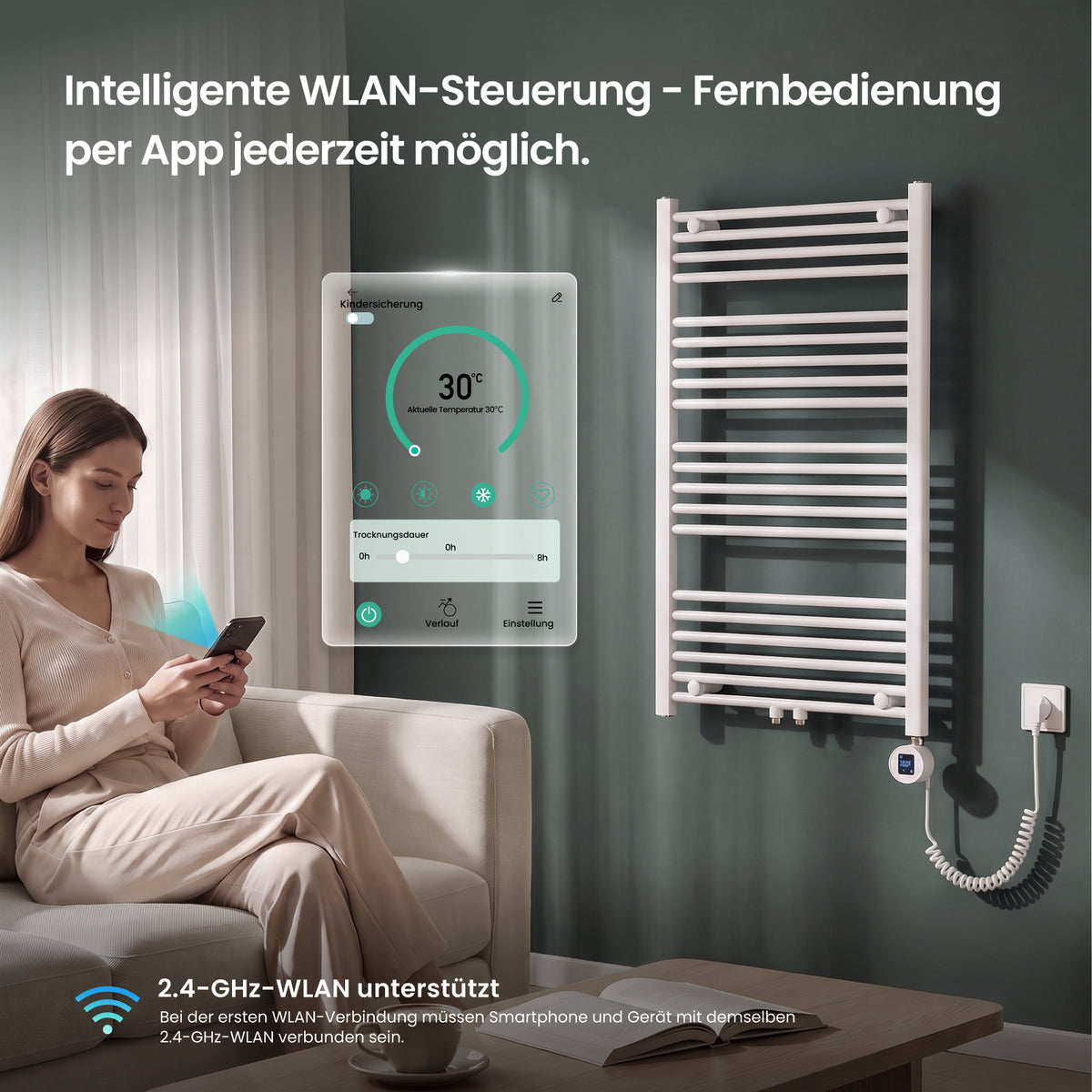 glasvilla Smart WiFi Heizstab für Badheizkörper, Heizelement  Elektrischer Heizstab mit App-Steuerung, Thermostat & Timer-Funktion, Heizpatrone für Handtuchheizkörper Heizstab-03
