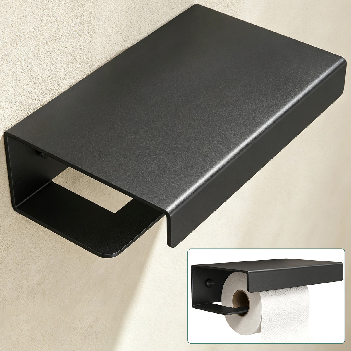 Porte-papier toilette Glasvilla avec étagère, support de papier toilette WC en alliage d'aluminium, dérouleur de papier toilette Lino-05