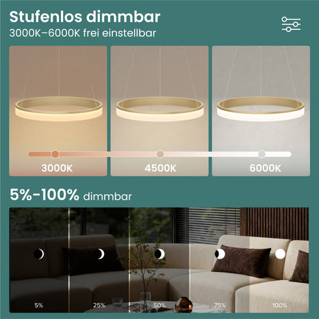 glasvilla Pendelleuchte Esstisch, LED Hängelampe, stufenlos dimmbar 3000K–6000K, höhenverstellbare Esstischlampe mit Fernbedienung & Wandschalter Luvina02