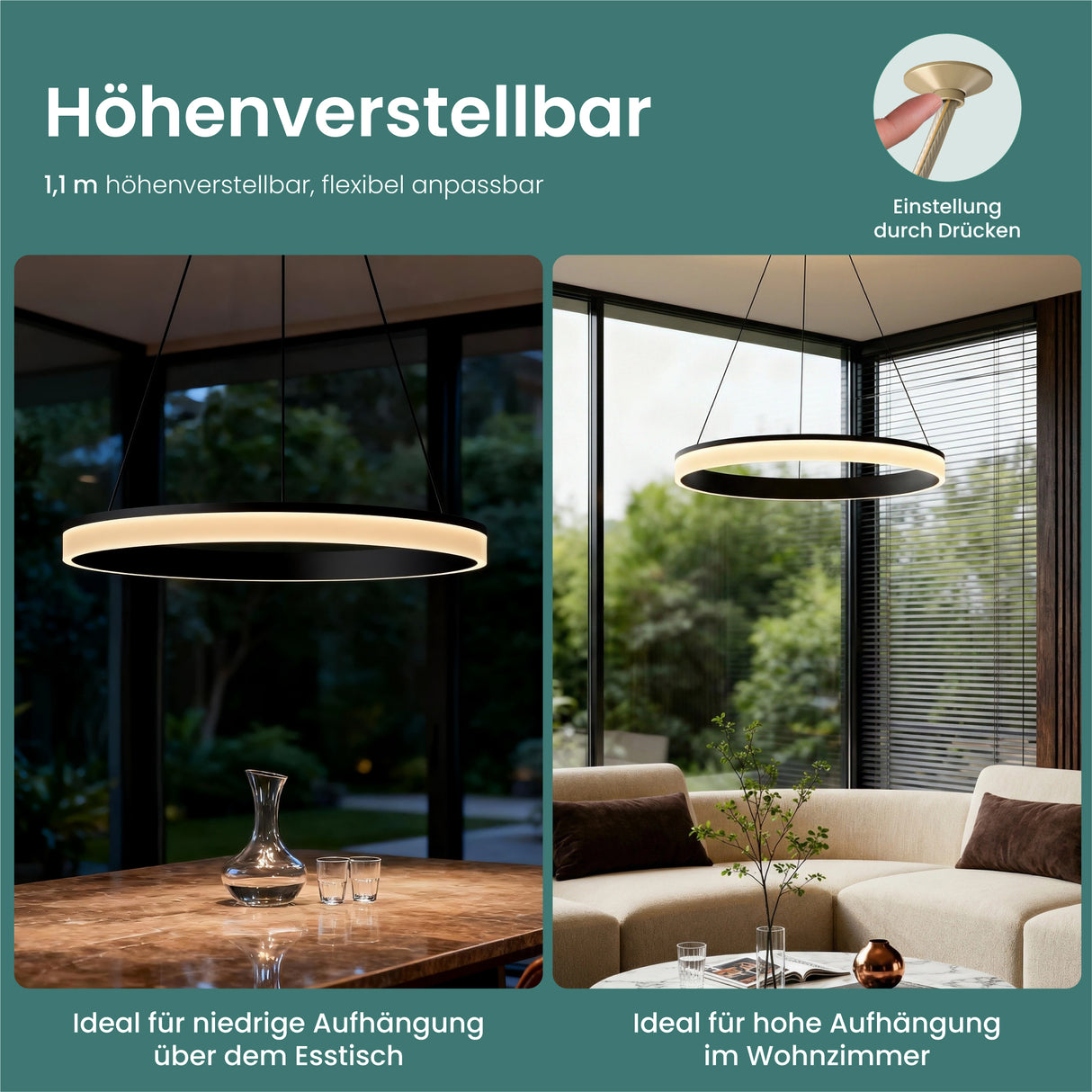 glasvilla Pendelleuchte Esstisch, LED Hängelampe, stufenlos dimmbar 3000K–6000K, höhenverstellbare Esstischlampe mit Fernbedienung & Wandschalter Luvina02
