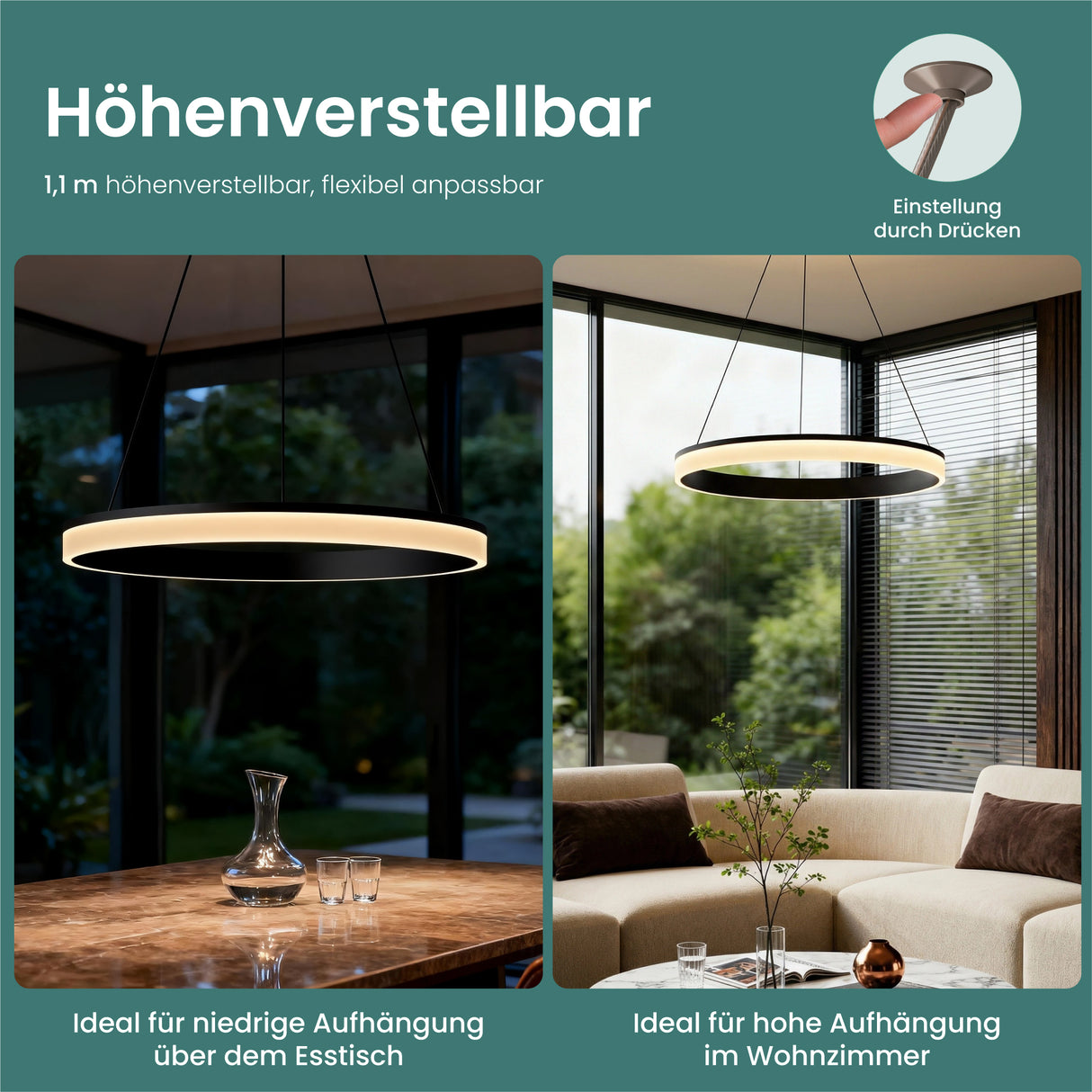 glasvilla Pendelleuchte Esstisch, LED Hängelampe, stufenlos dimmbar 3000K–6000K, höhenverstellbare Esstischlampe mit Fernbedienung & Wandschalter Luvina02